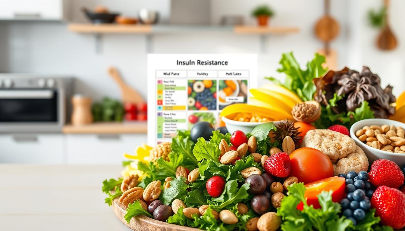 A vibrant, high-resolution image of a "Healthy Squire" insulin resistance diet plan. In the foreground, a variety of fresh, colorful whole foods, including leafy greens, berries, nuts, and lean proteins, arranged in an appetizing and visually appealing manner. In the middle ground, a neatly organized meal plan with portion sizes and macronutrient breakdowns. In the background, a clean, modern kitchen setting with natural lighting, conveying a sense of health, wellness, and culinary expertise. The overall mood is one of balance, control, and a holistic approach to managing insulin resistance through dietary choices.