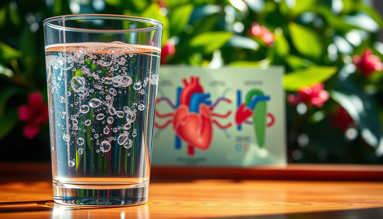A vibrant, highly-detailed image of the "Hydration Secrets for Optimal Hemodynamics". In the foreground, a glass filled with clear, sparkling water reflects the light, highlighting the importance of proper hydration for cardiovascular health. In the middle ground, anatomical illustrations of the circulatory system and heart demonstrate the intricate relationship between fluid balance and blood flow. The background features lush, verdant foliage, symbolizing the natural, holistic approach to supporting heart function through hydration. The scene is captured with a warm, natural lighting, creating a soothing, contemplative atmosphere that invites the viewer to explore the lesser-known nuances of maintaining a healthy cardiovascular system.
