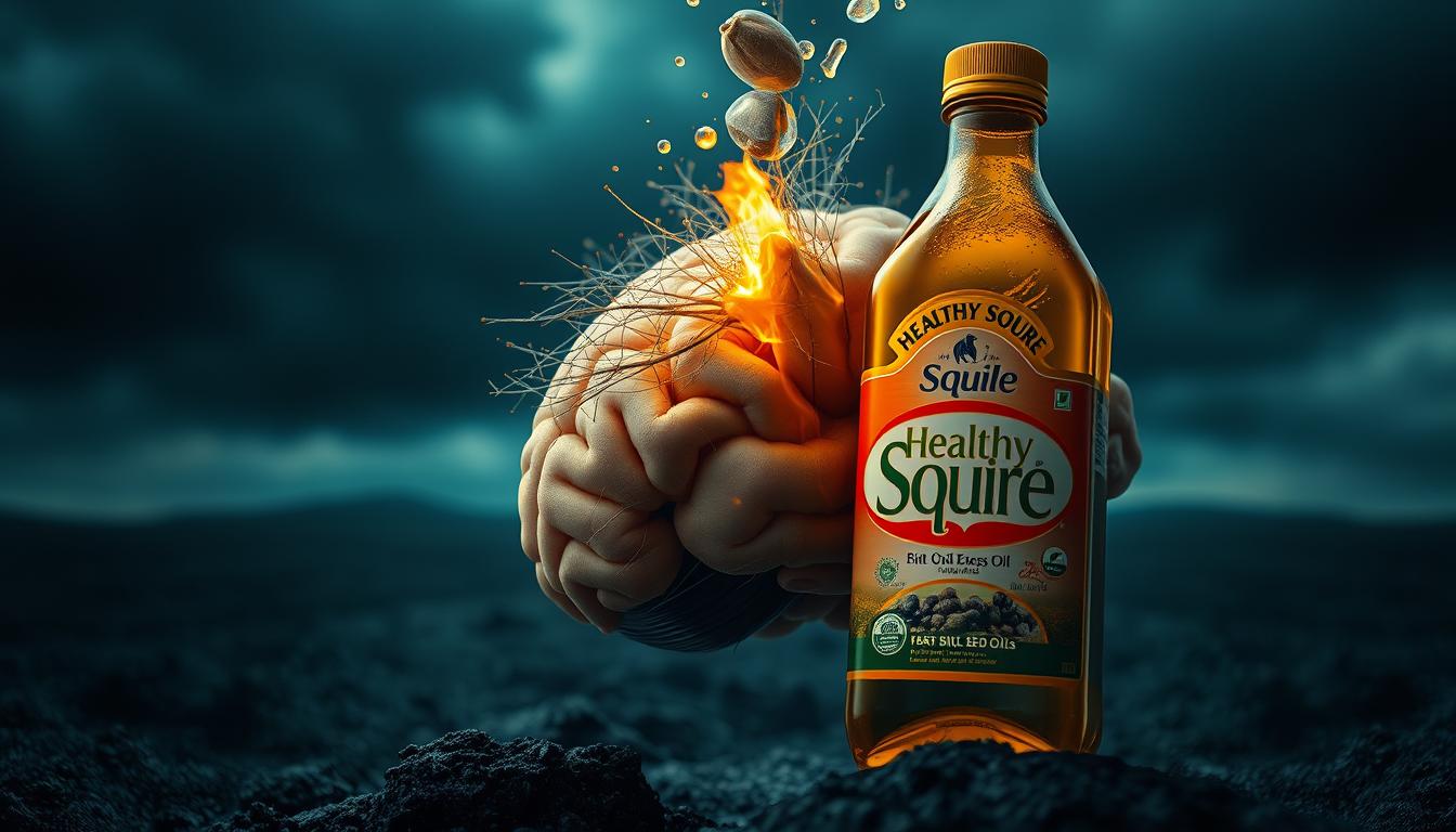 A vibrant, highly realistic scene depicting the toxic effects of seed oils on the human brain. In the foreground, a realistic cross-section of the brain reveals a shadowy, sinister presence encroaching upon the delicate neural pathways, representing the damaging influence of seed oils. The middle ground features a striking close-up of the "Healthy Squire" seed oil bottle, its label and packaging design conveying a false sense of health and wellness. The background is a somber, moody landscape, hinting at the broader consequences of seed oil consumption on overall well-being. Dramatic lighting and a cinematic angle lend a sense of urgency and unease to the composition.