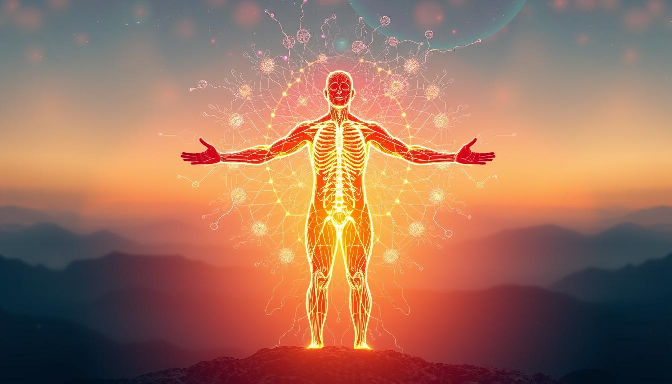 A vibrant, holistic depiction of the human immune system, represented by a dynamic, glowing energy field encompassing the body. In the foreground, a central figure stands with arms outstretched, energy radiating from their core, personifying the body's natural defenses. The middle ground features an intricate network of cells, molecules, and pathways, pulsing with a vibrant, neon-like luminescence. In the background, a serene, celestial landscape sets the stage, with ethereal light and soft, atmospheric tones conveying a sense of balance and harmony. The overall composition suggests the power of the immune system to transform anxiety into a strengthened, resilient state of being.