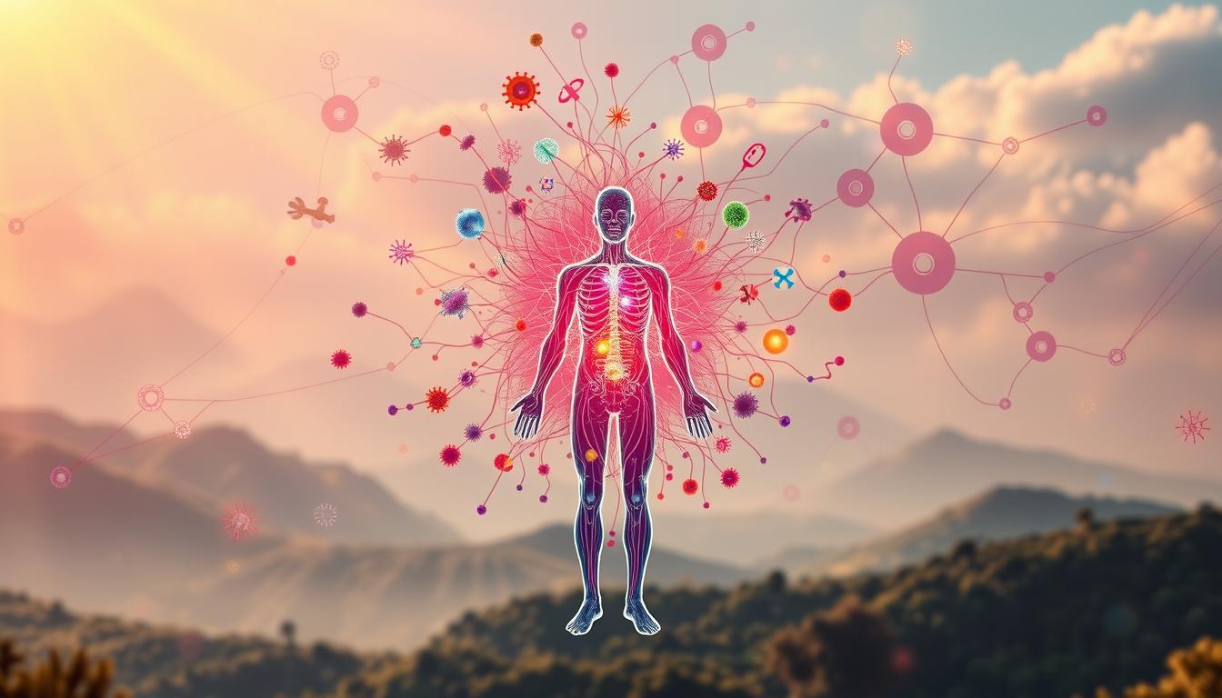 A vibrant, holistic depiction of the human immune system, showcasing its interconnected nature. In the foreground, a stylized figure representing the body's natural defenses, surrounded by a swirling aura of colorful cells, antibodies, and lymphatic pathways. In the middle ground, a mesh of intricate biological networks, weaving together diverse elements like gut microbiome, sleep, stress, and social connections. The background features a ethereal, dreamlike landscape, hinting at the broader environmental and lifestyle factors that influence overall immune resilience. Warm lighting bathes the scene, conveying a sense of balance and harmony. The overall composition suggests the delicate, yet powerful interplay between the individual, their biology, and the world around them.