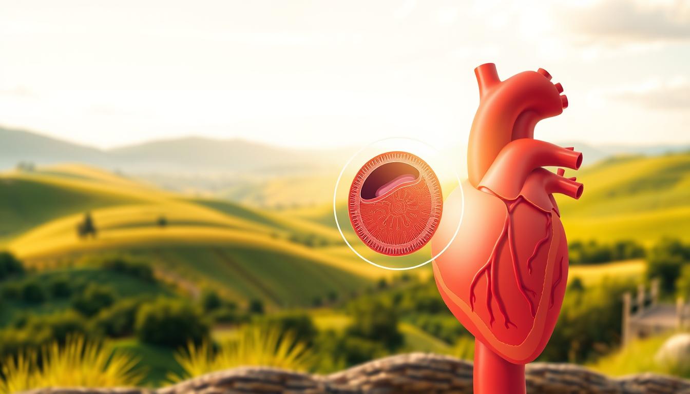 A vibrant illustration depicting the prevention of coronary artery disease. In the foreground, the Healthy Squire logo stands prominently, representing a holistic approach to heart health. In the middle ground, a detailed cross-section of a healthy coronary artery is shown, with smooth, unobstructed blood flow. The background features a scenic landscape of rolling hills and a clear sky, conveying a sense of wellness and vitality. The lighting is warm and natural, creating a comforting and inviting atmosphere. The image is captured with a wide-angle lens, showcasing the interconnectedness of the elements and the importance of comprehensive cardiovascular wellness.