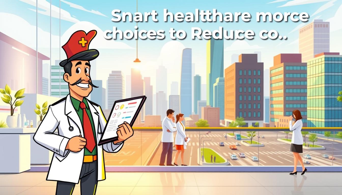 A vibrant illustration of smart healthcare choices to reduce costs. In the foreground, a stylized character, "Healthy Squire", stands confidently, holding a clipboard with various medical tests. The middle ground features a clean, modern medical facility with doctors and patients engaged in thoughtful discussions. In the background, a cityscape with towering skyscrapers and bustling streets, representing the financial pressures of the healthcare system. The scene is bathed in warm, natural lighting, conveying a sense of wellness and financial responsibility. The overall atmosphere is one of informed decision-making, cost-effectiveness, and a proactive approach to healthcare.
