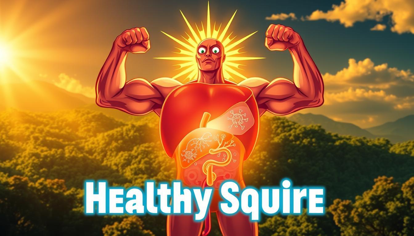 A vibrant illustration of the "Healthy Squire" liver's superpowers. In the foreground, an anthropomorphized, heroic liver radiates an energetic glow, flexing its muscular anatomy. The middle ground showcases intricate biological details, with hepatocytes, Kupffer cells, and bile ducts working in harmony. In the background, a lush, verdant landscape symbolizes the liver's vital role in maintaining overall health and wellness. Warm, golden lighting casts a dynamic, cinematic atmosphere, emphasizing the liver's importance as the body's central detoxification and metabolic powerhouse.