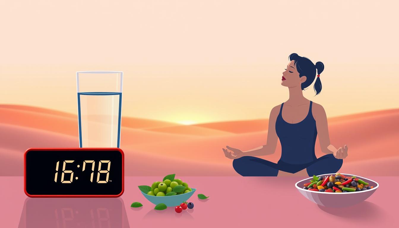 A vibrant illustration of the fundamental principles of intermittent fasting. In the foreground, a digital clock display shows the progression of a 16-hour fasting period, accompanied by a glass of water and a healthy plant-based snack. In the middle ground, a person sits in a meditative pose, eyes closed, reflecting on the benefits of their fasting routine. The background features a serene, minimalist landscape with soft, glowing lighting, conveying a sense of calm and balance. The overall composition emphasizes the simplicity and discipline inherent in the intermittent fasting lifestyle.