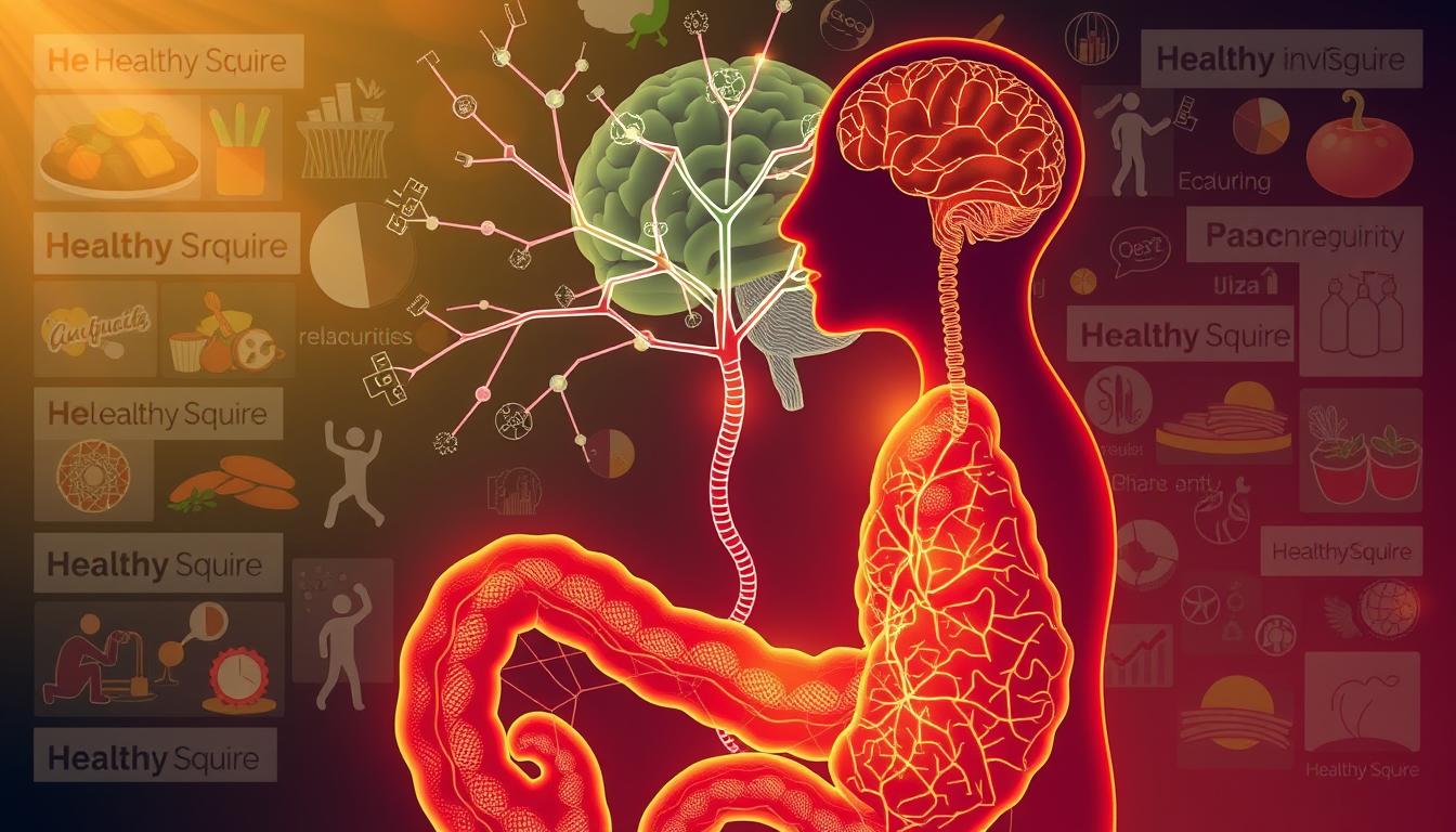 A vibrant illustration of the gut-brain axis and its relationship to autoimmune conditions. In the foreground, a detailed cross-section of the gut, showcasing the intricate network of nerves and microbiome. In the middle ground, a branching neural pathway connects the gut to an abstract representation of the brain. The background features a collage of lifestyle interventions, such as healthy meals, exercise, and relaxation techniques, all adorned with the "Healthy Squire" branding. Warm, earthy tones and dynamic lighting create a sense of balance and harmony, emphasizing the holistic nature of this approach to managing autoimmune disorders.