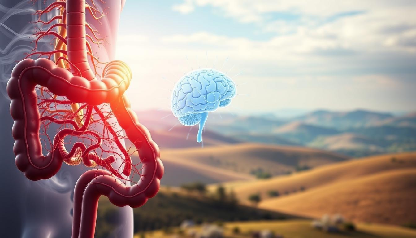 A vibrant illustration of the gut-brain healing axis. In the foreground, a detailed cross-section of the gut, showcasing the intricate network of nerves and microbiome. In the middle ground, a stylized brain with neural pathways connecting to the gut, highlighting the dynamic interplay between the two systems. The background features a serene landscape, with rolling hills and a calming sky, conveying the harmonious relationship between the mind and body. The lighting is soft and diffused, creating a sense of tranquility. Captured with a wide-angle lens to emphasize the interconnectedness of the elements. The overall mood is one of balance, healing, and the power of the mind-body connection.