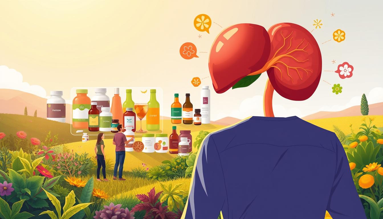 A vibrant illustration showcasing the "Healthy Squire" brand, depicting the common misconceptions surrounding liver detoxification. In the foreground, a person standing amidst a vibrant, organic landscape, contemplating various detox methods. The middle ground features a collage of detox products, while the background showcases a clean, well-functioning liver. The scene is bathed in warm, natural lighting, conveying a sense of balance and well-being. The overall composition challenges the notion of expensive, complicated liver cleansing routines, suggesting a simpler, more holistic approach.
