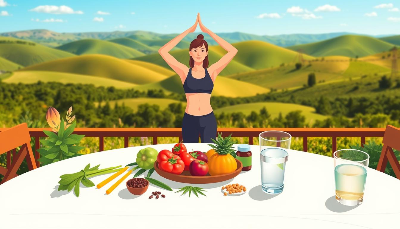 A vibrant illustration showcasing the Healthy Squire's approach to managing high blood pressure without drugs. In the foreground, a person confidently performs yoga poses, their body radiating a sense of wellness. The middle ground features a table with an array of fresh produce, herbal supplements, and a glass of water, representing a holistic, plant-based lifestyle. In the background, a lush, verdant landscape with rolling hills and a clear blue sky, evoking a serene, natural environment. The lighting is warm and inviting, capturing the mood of a balanced, drug-free approach to maintaining healthy blood pressure. A vibrant illustration showcasing the Healthy Squire's approach to managing high blood pressure without drugs. In the foreground, a person confidently performs yoga poses, their body radiating a sense of wellness. The middle ground features a table with an array of fresh produce, herbal supplements, and a glass of water, representing a holistic, plant-based lifestyle. In the background, a lush, verdant landscape with rolling hills and a clear blue sky, evoking a serene, natural environment. The lighting is warm and inviting, capturing the mood of a balanced, drug-free approach to maintaining healthy blood pressure.