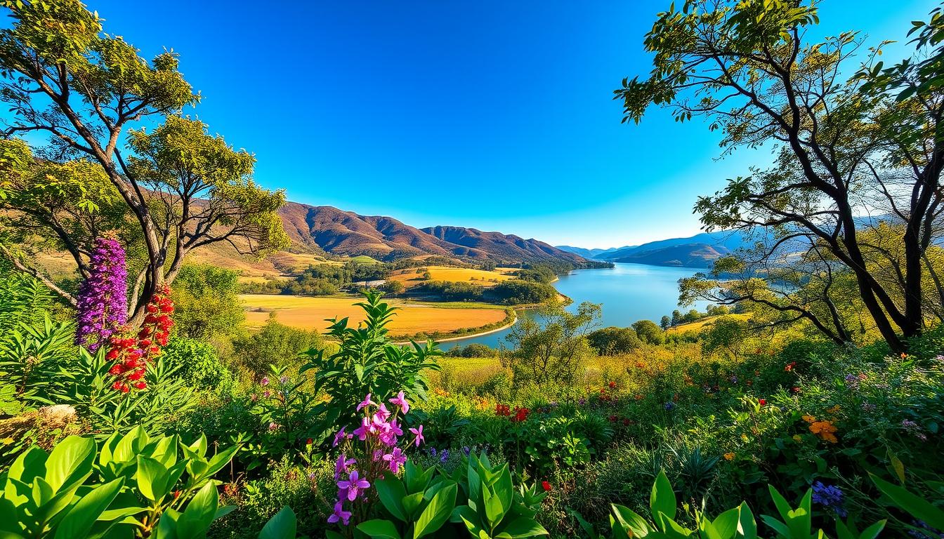 A vibrant landscape illustrating the importance of environmental health awareness. In the foreground, a diverse array of lush greenery and flourishing flora, symbolizing the vitality of a healthy ecosystem. In the middle ground, a crystal-clear river or lake, its pristine waters reflecting the surrounding natural beauty. In the background, rolling hills or mountains bathed in warm, golden sunlight, conveying a sense of tranquility and balance. The scene is captured through a wide-angle lens, providing a panoramic view that invites the viewer to immerse themselves in the harmonious coexistence of nature and human well-being. The overall mood is one of hope, optimism, and a reverence for the delicate interconnectedness of our environment and its impact on our health.
