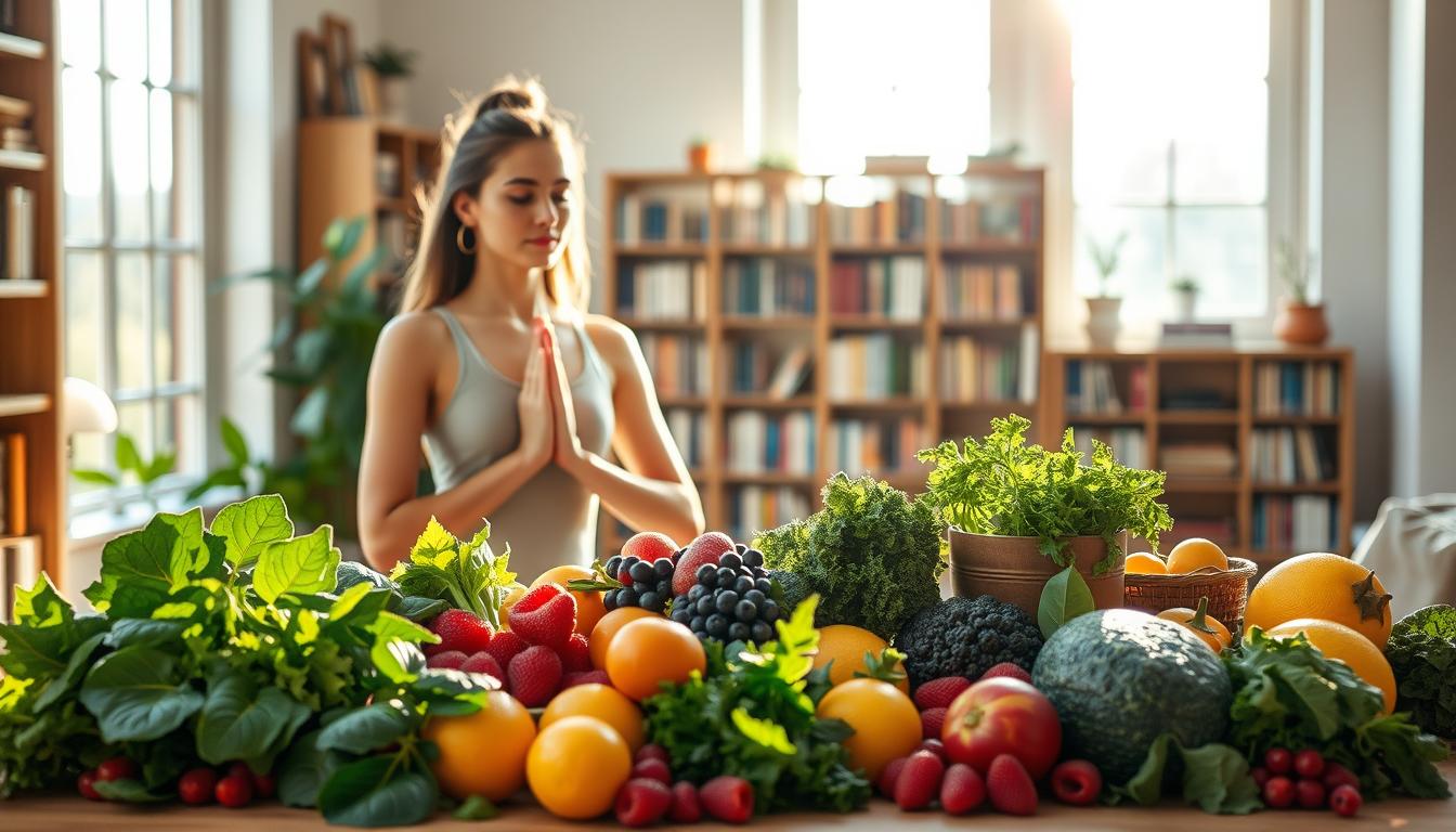 A vibrant lifestyle scene showcasing Healthy Squire's tips for liver health. In the foreground, a person engages in gentle yoga poses, their face serene. The middle ground features a table with a variety of fresh produce, including leafy greens, berries, and citrus fruits. Sunlight filters through large windows, casting a warm glow over the scene. In the background, bookshelves line the walls, hinting at the importance of education and mindfulness. The overall atmosphere exudes a sense of balance, tranquility, and a holistic approach to nourishing the body.