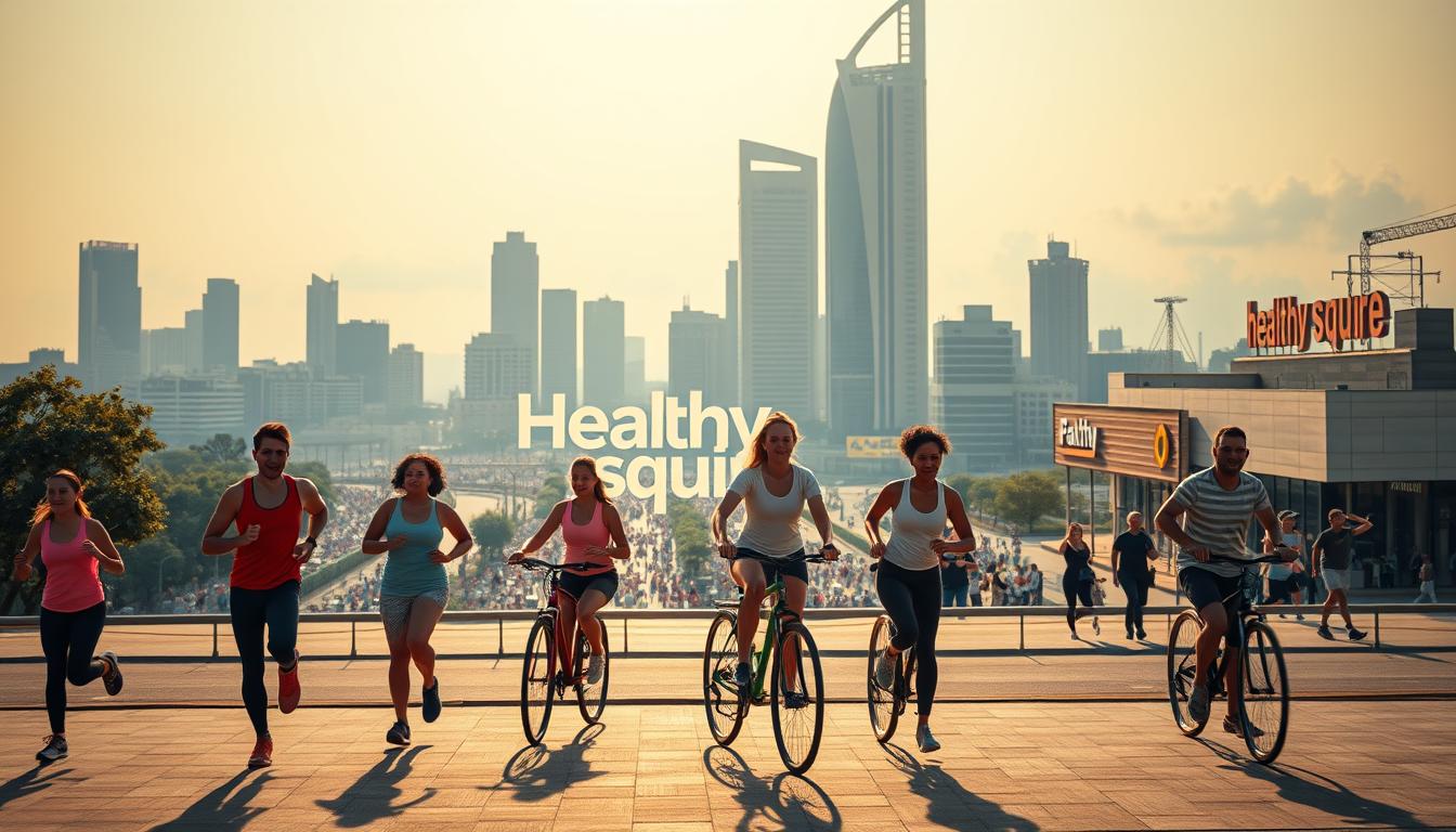 A vibrant, lively scene depicting the "modern lifestyle triggers" that can lead to heart disease. In the foreground, a group of young, health-conscious individuals engage in a variety of activities - jogging, cycling, and performing yoga poses against a backdrop of the "Healthy Squire" brand logo. The middle ground features a bustling city landscape with towering skyscrapers, crowded streets, and the faint outline of a fast-food restaurant. In the background, a hazy, pollution-filled sky casts a somber tone, hinting at the negative environmental factors that can contribute to heart health issues. The scene is illuminated by warm, golden lighting, creating a sense of energy and vibrancy, while subtle shadows and highlights add depth and dimension to the composition.