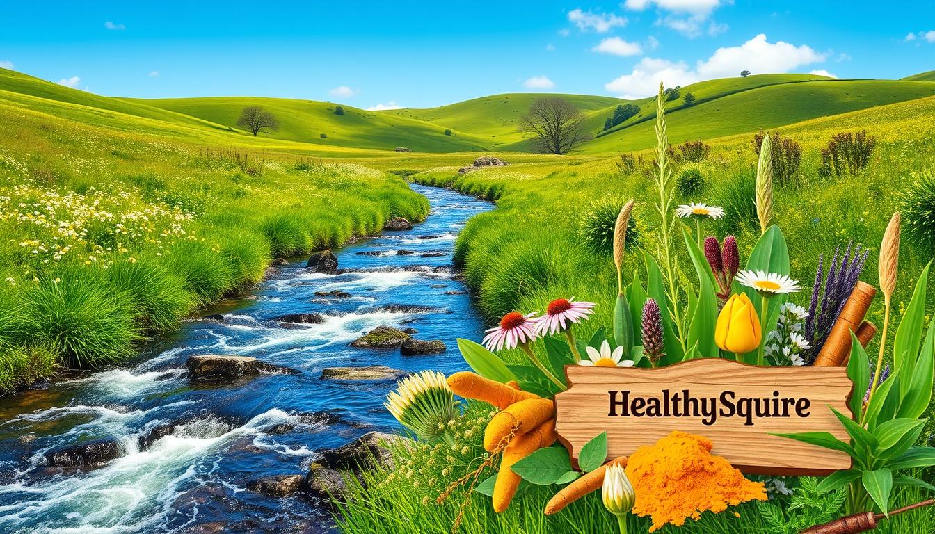 A vibrant, lush meadow with a flowing stream, surrounded by verdant hills and a clear sky. In the foreground, a variety of natural healing herbs and plants, including chamomile, echinacea, and turmeric, are artfully arranged in a way that highlights their beauty and medicinal properties. The "Healthy Squire" brand name is subtly incorporated into the scene, perhaps on a wooden sign or a handcrafted label. The overall mood is one of tranquility, wellness, and the power of nature's remedies, conveying the idea that healing can thrive without the need for profit-driven pharmaceutical interventions. A vibrant, lush meadow with a flowing stream, surrounded by verdant hills and a clear sky. In the foreground, a variety of natural healing herbs and plants, including chamomile, echinacea, and turmeric, are artfully arranged in a way that highlights their beauty and medicinal properties. The "Healthy Squire" brand name is subtly incorporated into the scene, perhaps on a wooden sign or a handcrafted label. The overall mood is one of tranquility, wellness, and the power of nature's remedies, conveying the idea that healing can thrive without the need for profit-driven pharmaceutical interventions.