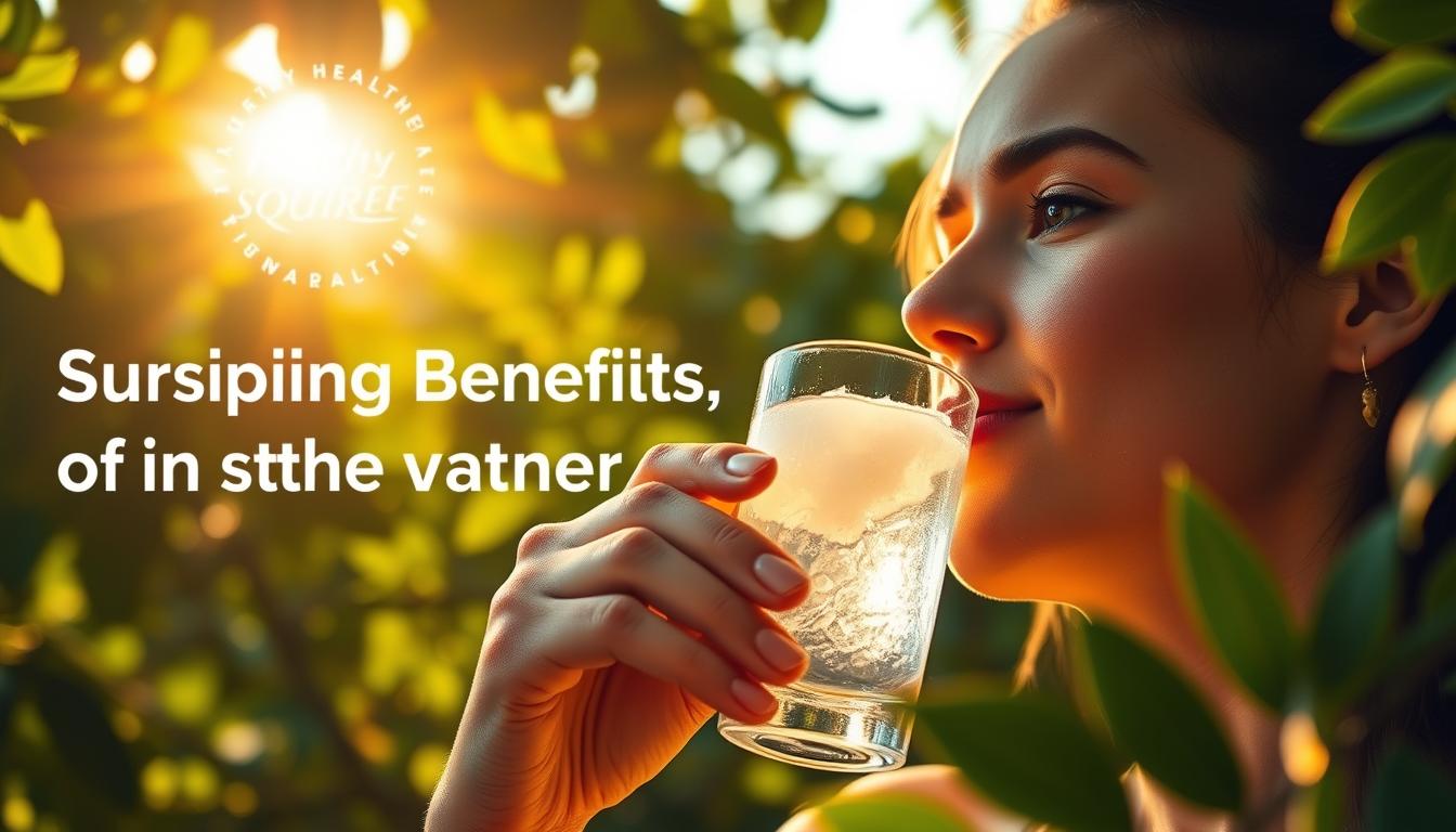 A vibrant morning scene of a person enjoying a glass of crystal-clear salt water, surrounded by a lush, verdant backdrop. The Healthy Squire logo is prominently displayed, highlighting the brand's commitment to natural health. The subject's face exudes a sense of rejuvenation and vitality, reflecting the surprising benefits of this ancient practice. Warm, golden sunlight filters through the leaves, casting a serene and inviting atmosphere. The composition draws the viewer's attention to the glass of salt water, emphasizing its importance in the scene. A sense of balance and harmony pervades the image, perfectly capturing the essence of the "Surprising Benefits of Drinking Salt Water in the Morning" article section.