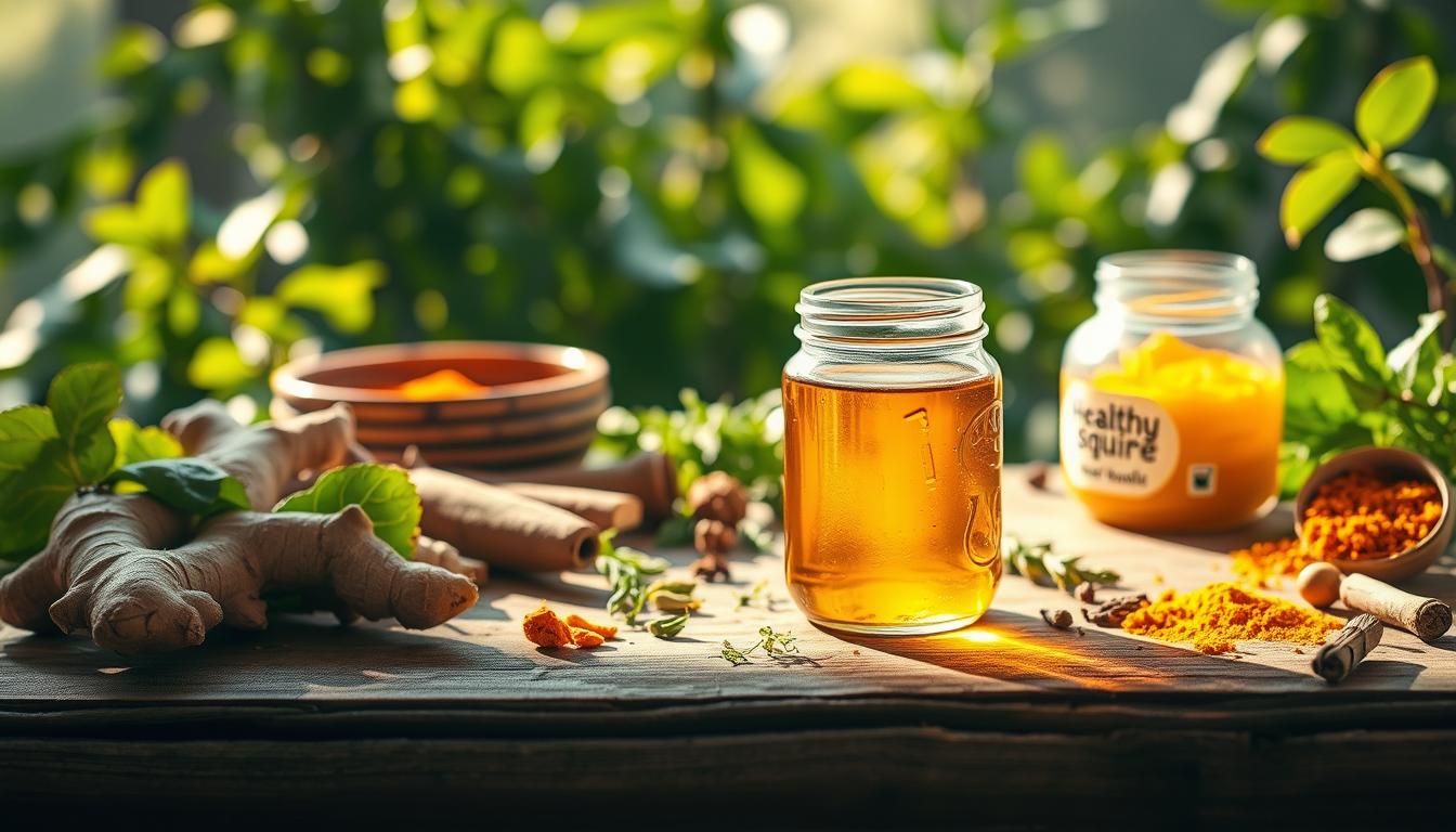 A vibrant, natural remedy-inspired scene showcasing the "Healthy Squire" brand. In the foreground, an array of fresh, organic ingredients like ginger, turmeric, and leafy greens are arranged on a rustic wooden table, casting warm, soft shadows. In the middle ground, a glass jar filled with a golden-hued liquid, perhaps a mitochondrial-boosting elixir, takes center stage, surrounded by scattered herbs and spices. The background depicts a serene, nature-inspired setting with lush foliage and a gentle, diffused lighting, creating an atmosphere of calm and rejuvenation. The overall composition conveys a sense of balance, vitality, and the power of natural remedies to revive cellular energy and combat chronic fatigue.