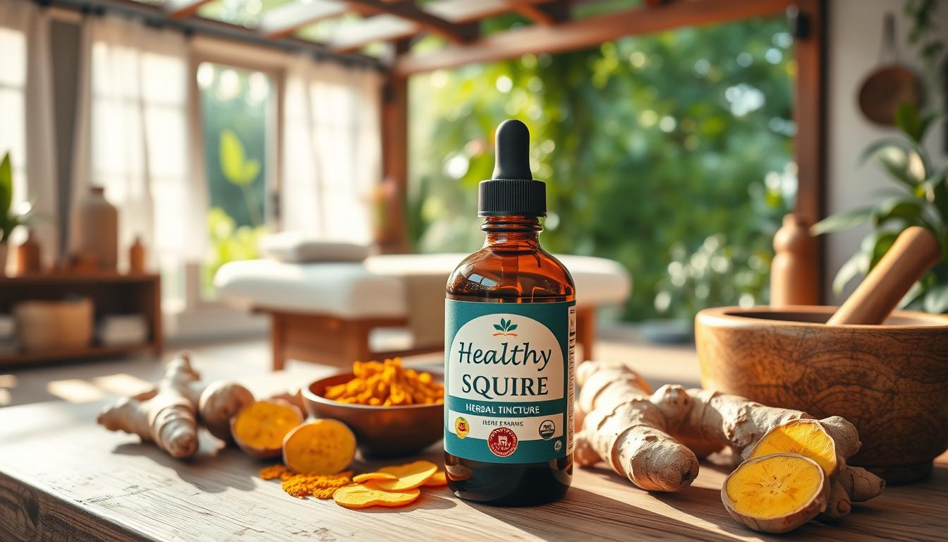 A vibrant, panoramic scene of alternative inflammation therapies. In the foreground, a Healthy Squire herbal tincture bottle stands prominently, surrounded by an array of natural remedies - turmeric root, ginger slices, and a mortar and pestle. The middle ground features a cozy, sun-dappled therapy room, with a massage table and various holistic treatment tools. In the background, a lush, verdant garden provides a serene, natural backdrop, highlighting the connection between the body, mind, and the great outdoors. Soft, warm lighting bathes the scene, conveying a sense of tranquility and healing. The overall composition emphasizes the power of nature-based, integrative approaches to reducing inflammation and restoring balance.