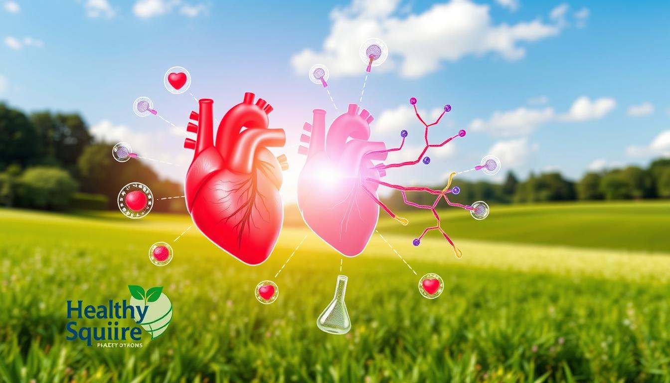 A vibrant, photorealistic illustration showcasing the connection between insulin resistance and heart disease prevention. In the foreground, a Healthy Squire logo appears, representing a holistic approach to cardiovascular health. The middle ground depicts a stylized human heart, surrounded by intricate visualizations of insulin molecules and cellular pathways. In the background, a serene landscape with lush greenery and a clear sky conveys a sense of balance and well-being. The lighting is soft and natural, highlighting the interconnectedness of these important physiological processes. The overall composition is visually striking, engaging the viewer to explore the nuances of this crucial health topic.