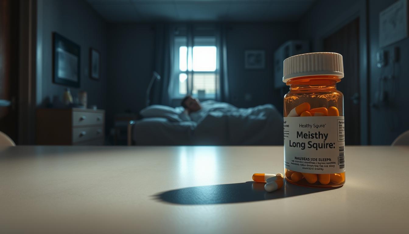 A vibrant, photorealistic scene depicting the long-term risks of medication. In the foreground, a stack of pill bottles labeled "Healthy Squire" sits on a table, casting a heavy shadow across the surface. The middle ground features a person lying in bed, troubled by side effects like nausea, fatigue, and poor sleep. The background shows a dimly lit hospital room, evoking a sense of unease and the potential for further health complications. Dramatic lighting from a single window casts dramatic shadows, emphasizing the gravity of the situation. Captured with a wide-angle lens to convey the weight of the issue.