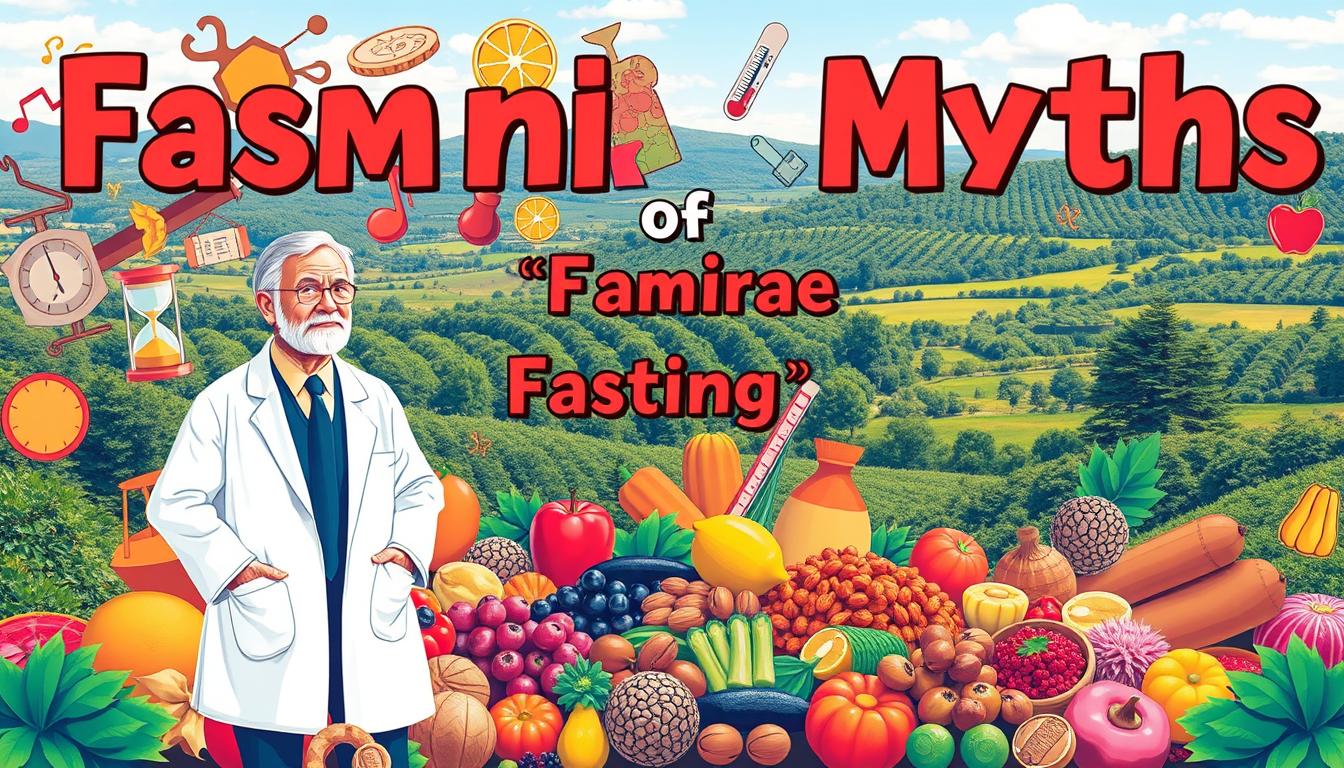 A vibrant, richly detailed illustration depicting the debunking of common fasting myths. In the foreground, an authoritative figure in a white coat stands amidst a collage of mythical icons, including an hourglass, a scale, and a thermometer. The middle ground features an array of healthy food items, such as fruits, vegetables, and nuts, symbolizing the nourishing benefits of fasting. In the background, a serene landscape with lush greenery and a clear sky, conveying a sense of balance and wellness. The image is framed by the Healthy Squire brand name, reflecting the trustworthy and informative nature of the content.
