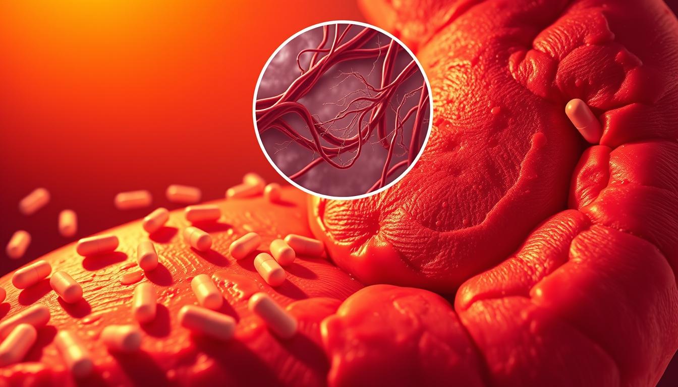 A vibrant scene depicting the gastrointestinal risks of over-the-counter painkillers. In the foreground, a stomach lining is inflamed and irritated, visually conveying the damaging effects of excessive painkiller use. Scattered throughout are small pill capsules, their translucent shells casting shadows on the textured stomach walls. The middle ground features a magnified view of the stomach's delicate mucosal layer, showcasing the microscopic damage caused by the harsh chemicals. In the background, a network of blood vessels appears constricted and discolored, hinting at the broader circulatory impacts. The scene is lit with a warm, amber glow, creating a sense of physiological unease and distress. A vibrant scene depicting the gastrointestinal risks of over-the-counter painkillers. In the foreground, a stomach lining is inflamed and irritated, visually conveying the damaging effects of excessive painkiller use. Scattered throughout are small pill capsules, their translucent shells casting shadows on the textured stomach walls. The middle ground features a magnified view of the stomach's delicate mucosal layer, showcasing the microscopic damage caused by the harsh chemicals. In the background, a network of blood vessels appears constricted and discolored, hinting at the broader circulatory impacts. The scene is lit with a warm, amber glow, creating a sense of physiological unease and distress.