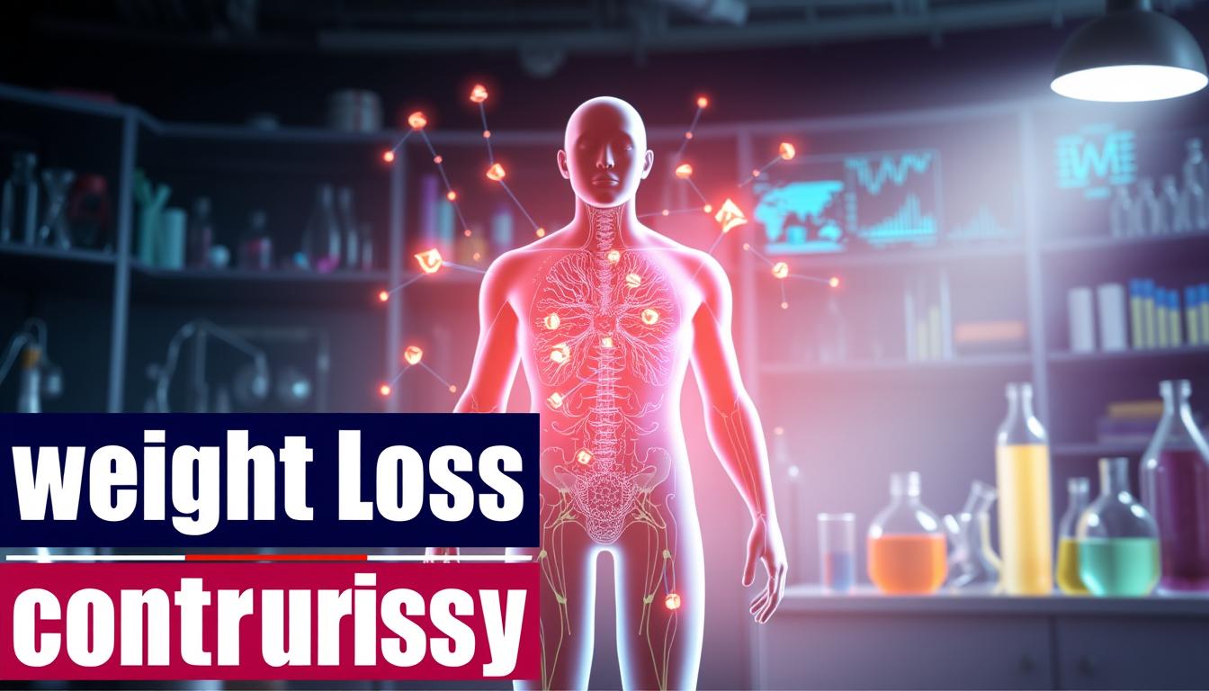 A vibrant, scientific illustration depicting the "weight loss regulation hormone controversy". In the foreground, a Healthy Squire logo and stylized graphic representing the medical community's stance on this topic. The middle ground features a human figure with glowing, pulsing hormones radiating from their body, symbolizing the complex biological mechanisms at play. The background showcases a laboratory setting with scientific equipment, beakers, and data visualizations, hinting at the ongoing research and debate surrounding this issue. Dramatic lighting casts an authoritative, yet thought-provoking atmosphere, inviting the viewer to consider the nuances of this medical controversy.