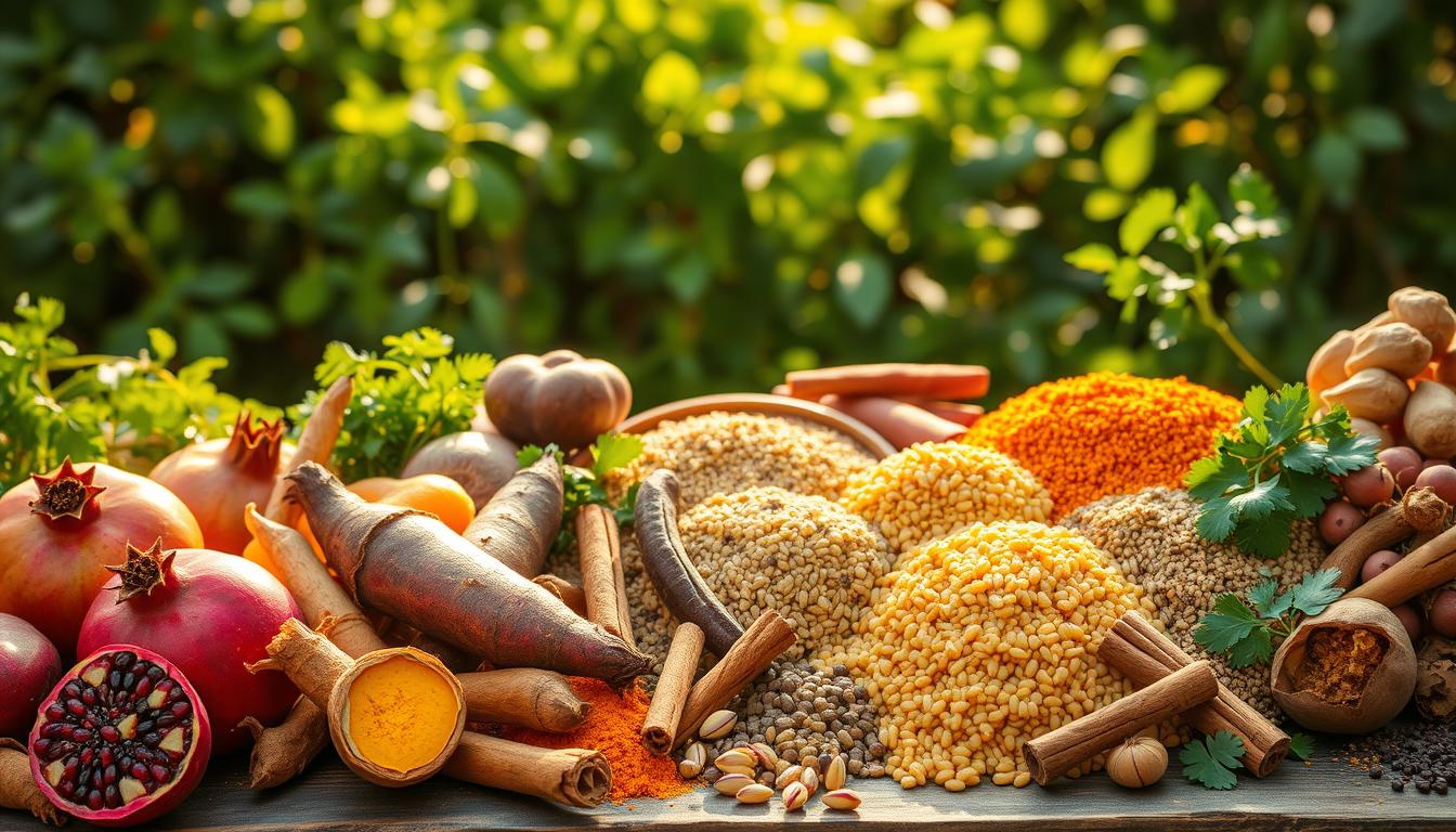 A vibrant spread of cultural superfoods rediscovered, bathed in warm, golden light. In the foreground, a feast of exotic fruits and vegetables - pomegranates, turmeric roots, purple yams, and ancient grains like quinoa and amaranth. In the middle ground, vibrant spices and herbs - cinnamon sticks, cardamom pods, and fresh cilantro. The background features lush, verdant foliage, suggesting a thriving, sustainable ecosystem. The overall scene conveys a sense of abundance, vitality, and a celebration of the resurgence of traditional nutritional wisdom from around the world. A vibrant spread of cultural superfoods rediscovered, bathed in warm, golden light. In the foreground, a feast of exotic fruits and vegetables - pomegranates, turmeric roots, purple yams, and ancient grains like quinoa and amaranth. In the middle ground, vibrant spices and herbs - cinnamon sticks, cardamom pods, and fresh cilantro. The background features lush, verdant foliage, suggesting a thriving, sustainable ecosystem. The overall scene conveys a sense of abundance, vitality, and a celebration of the resurgence of traditional nutritional wisdom from around the world.