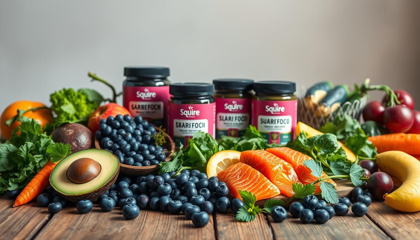 A vibrant still life arrangement showcasing a variety of brain-healthy foods, captured in a warm, natural lighting. In the foreground, an assortment of colorful fruits and vegetables including blueberries, avocados, leafy greens, and salmon fillets, all arranged artfully on a rustic wooden table. In the middle ground, jars of Healthy Squire superfood powders and supplements, complementing the fresh ingredients. The background features a neutral, minimalist backdrop, allowing the vibrant colors and textures of the foods to take center stage. The overall composition conveys a sense of health, wellness, and abundance.