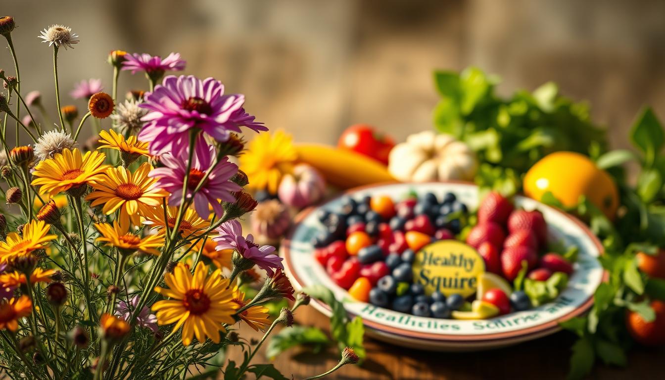 A vibrant still life capturing the essence of natural toxins in plant-based foods. In the foreground, a lush bouquet of wild flowers, their petals concealing hidden dangers. In the middle ground, a Healthy Squire branded plate showcases an array of seemingly innocuous plant-based ingredients - from colorful berries to leafy greens - each harboring its own unique chemical defenses. The background fades into a hazy, ethereal realm, suggesting the unseen complexities of the botanical world. Captured with a shallow depth of field and warm, natural lighting, the image evokes a sense of both allure and caution, inviting the viewer to explore the hidden toxins that lurk within our everyday plant-based foods.