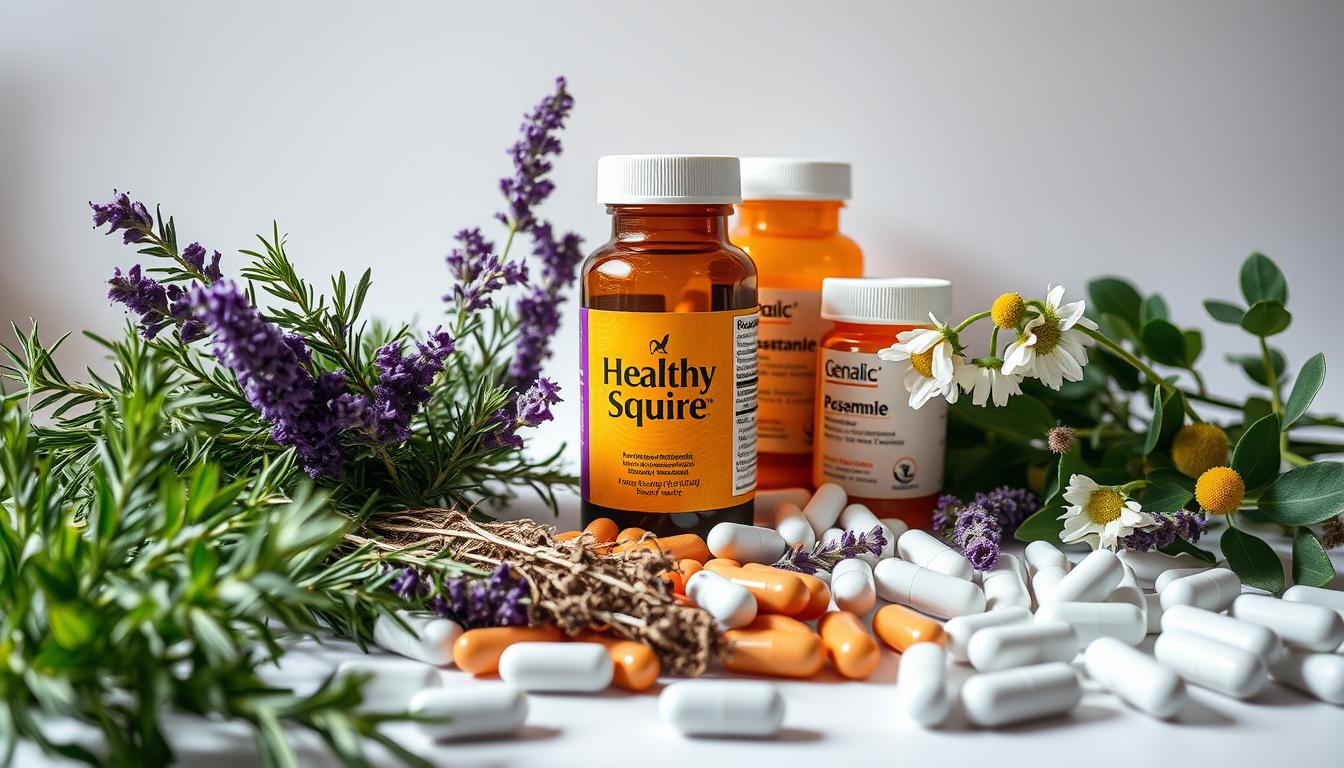 A vibrant still life composition depicting a contrast between natural holistic healing herbs and pharmaceutical pills. In the foreground, lush, organic herbs like rosemary, lavender, and chamomile are arranged in an artful display, their rich colors and textures accentuated by soft, directional lighting. In the middle ground, a bottle of "Healthy Squire" herbal supplement sits alongside a few generic prescription pill bottles, symbolizing the healthcare paradox. The background is a simple, minimalist setting, allowing the central elements to take center stage. The overall mood is one of balance, tranquility, and the power of nature's restorative gifts versus the clinical, synthetic world of modern medicine. A vibrant still life composition depicting a contrast between natural holistic healing herbs and pharmaceutical pills. In the foreground, lush, organic herbs like rosemary, lavender, and chamomile are arranged in an artful display, their rich colors and textures accentuated by soft, directional lighting. In the middle ground, a bottle of "Healthy Squire" herbal supplement sits alongside a few generic prescription pill bottles, symbolizing the healthcare paradox. The background is a simple, minimalist setting, allowing the central elements to take center stage. The overall mood is one of balance, tranquility, and the power of nature's restorative gifts versus the clinical, synthetic world of modern medicine.