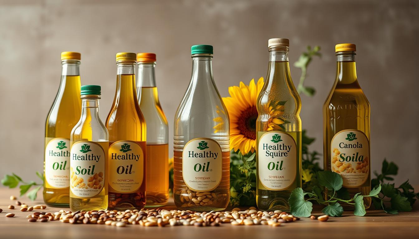 A vibrant still life composition depicting common seed oils like soybean, sunflower, and canola, with visual cues hinting at their potential health concerns. In the foreground, an array of glass bottles labeled "Healthy Squire" hold the oils, their contents gleaming under natural lighting. In the middle ground, a scattering of seeds and leafy greens suggest the natural origins of these oils, contrasting with the industrial-looking bottles. The background features a muted, earthy tone, emphasizing the silent, unassuming nature of these oils in the modern kitchen. The overall scene evokes a sense of unease, hinting at the potential dangers lurking beneath the surface of these seemingly innocuous kitchen staples.