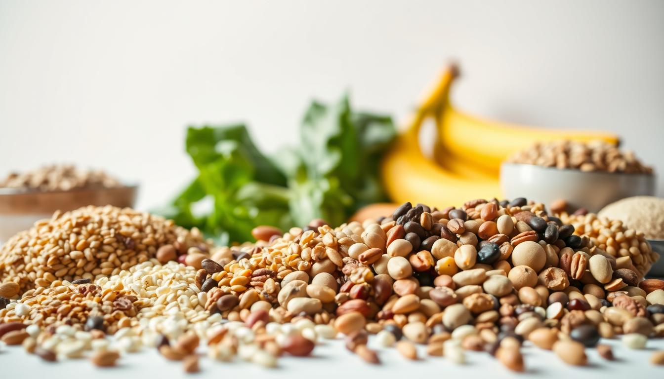 A vibrant still life composition showcasing an array of natural B vitamin sources. In the foreground, a variety of whole grains, legumes, nuts, and seeds are carefully arranged, their earthy tones and textures contrasting against a crisp white background. Slightly out of focus in the middle ground, leafy green vegetables and bright yellow bananas add pops of color, hinting at the diverse range of B vitamin-rich foods. The background is softly lit, creating a warm, inviting atmosphere that emphasizes the nutritional abundance of this essential vitamin complex. The scene is captured through a medium-wide angle lens, allowing the viewer to fully immerse themselves in this visually appealing and informative display of B vitamin sources.