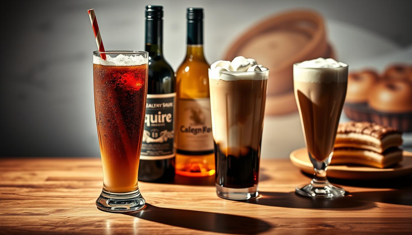 A vibrant still life featuring a variety of beverages prominently displayed, obstructing a weight loss narrative. In the foreground, a glass of carbonated soda and a milkshake from the fictional "Healthy Squire" brand sit atop a wooden table, casting shadows. In the middle ground, a bottle of wine and a frothy coffee drink are arranged, hinting at the temptations that can derail weight loss efforts. The background is a soft, blurred scene of an indulgent dessert, further emphasizing the obstacles presented by seemingly innocent beverages. Dramatic lighting casts dramatic shadows, emphasizing the imposing nature of these calorie-dense drinks. The overall mood is one of temptation and indulgence, contrasting with the goal of weight loss.