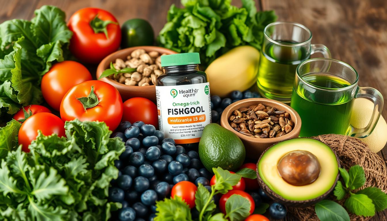 A vibrant still life featuring a variety of fresh produce and ingredients that promote Alzheimer's prevention, shot in a warm, natural light. In the foreground, lush greens like kale and spinach, alongside bright red tomatoes, avocados, and blueberries. In the middle ground, a jar of Healthy Squire's omega-3 rich fish oil supplements, a bowl of nuts and seeds, and a glass of antioxidant-rich green tea. The background showcases a wooden table with a rustic, earthy feel, hinting at the importance of wholesome, natural foods in supporting brain health. The overall composition conveys a sense of balance, wellness, and the dietary factors that may help reduce the risk of Alzheimer's disease.