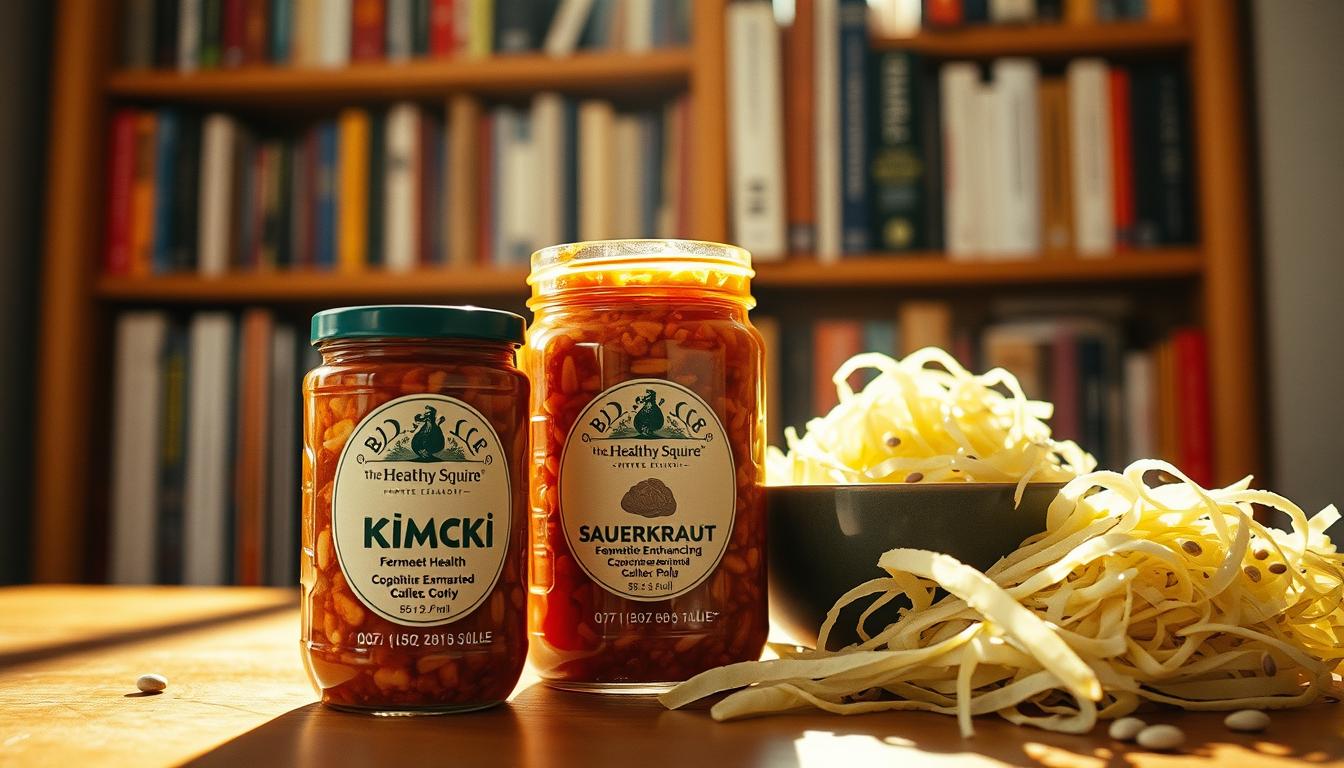A vibrant still life of cognitive enhancing foods, captured with a vintage film lens. In the foreground, a jar of the Healthy Squire's kimchi, its fermented cabbage and spices glistening. Behind it, a bowl of sauerkraut, the strands of cabbage intertwined with caraway seeds. Radiant lighting illuminates the scene, casting warm shadows that accentuate the textures. In the background, a bookshelf filled with volumes on nutrition and brain health. The overall mood is one of nourishment and enlightenment, inviting the viewer to explore the gut-brain connection.