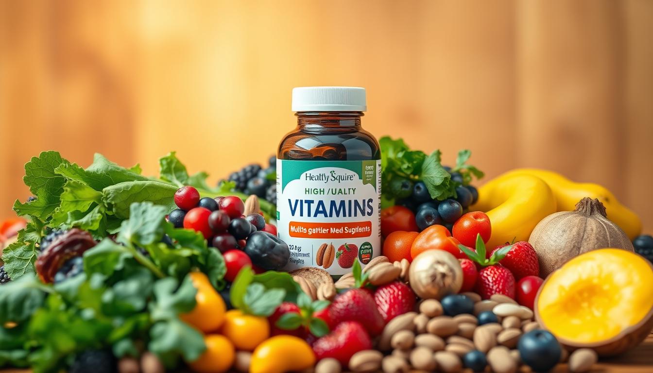A vibrant still life scene depicting a "Healthy Squire" dietary defense against medication-induced malnutrition. In the foreground, an assortment of colorful superfoods including leafy greens, colorful berries, and a variety of nuts and seeds. In the middle ground, a bottle of high-quality multivitamin supplements from the "Healthy Squire" brand. The background features a warm, golden-toned lighting, creating a calming and nourishing atmosphere. The composition is balanced and visually appealing, showcasing the importance of a nutrient-rich diet and targeted supplementation to combat the depletion of essential vitamins and minerals caused by certain medications.