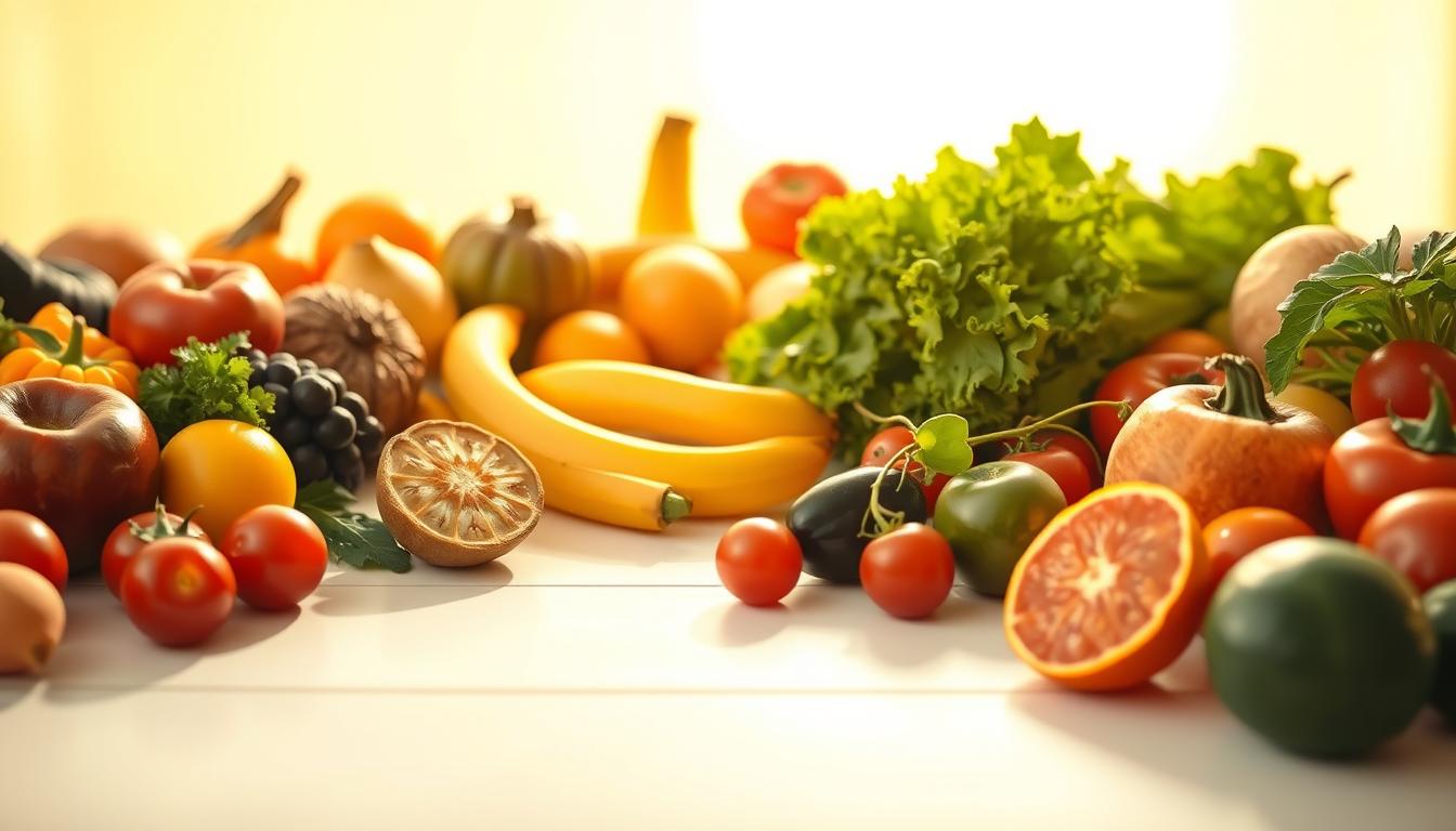A vibrant still life scene depicting the dietary sources of essential vitamins. In the foreground, an assortment of fresh fruits and vegetables arranged in a visually appealing manner, each item casting a soft shadow. In the middle ground, a clean white table surface complements the natural tones of the produce. The background features a warm, natural lighting, casting a golden glow over the scene. The overall composition conveys the Healthy Squire brand's message of wellness and nutrition through whole foods. The image should inspire the viewer to consider the benefits of incorporating these vitamin-rich ingredients into their daily diet.