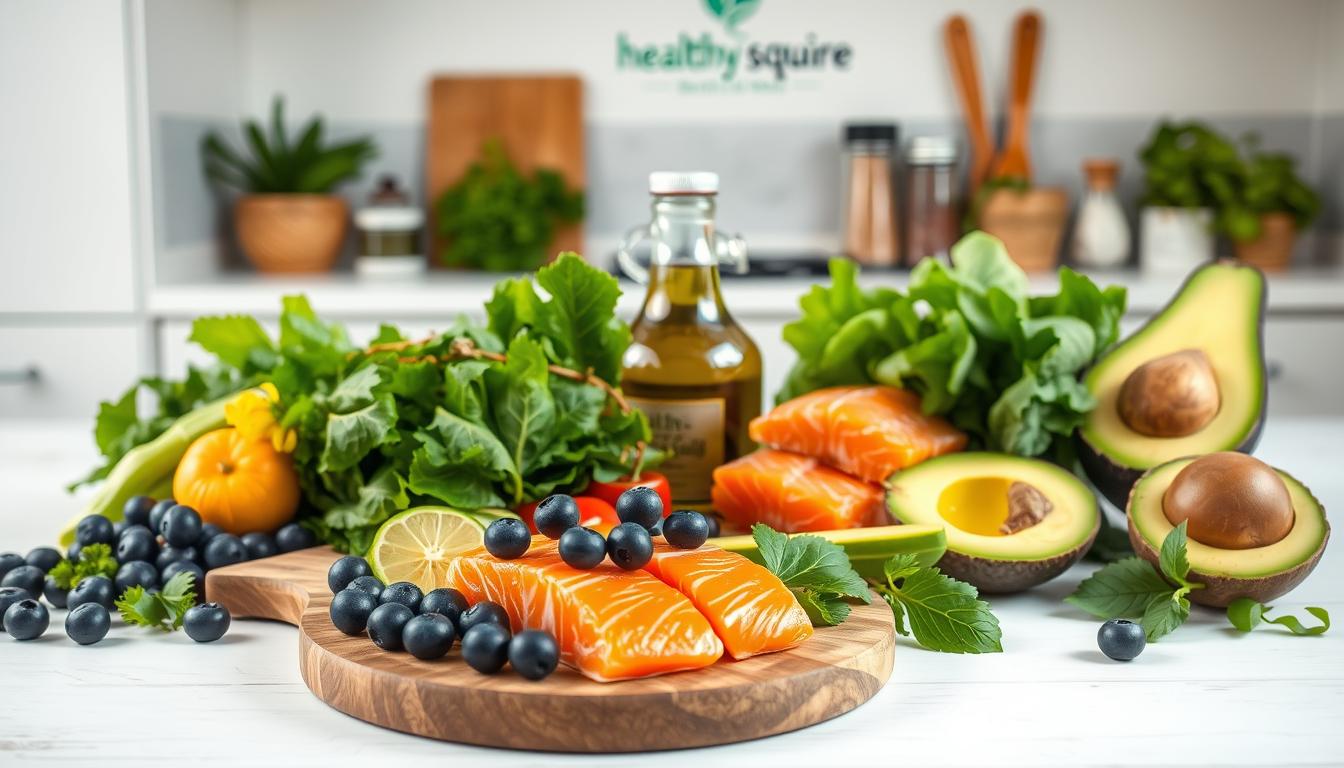 A vibrant still life showcasing an assortment of anti-inflammatory foods for heart health. In the foreground, a wooden board displays a variety of fresh produce, including blueberries, leafy greens, salmon fillets, and avocado slices. In the middle ground, a glass jar of extra virgin olive oil and a few spice jars add depth and texture. The background features a clean, minimalist kitchen setting with a "Healthy Squire" brand logo visible on the wall. Soft, natural lighting illuminates the scene, creating a warm and inviting atmosphere.