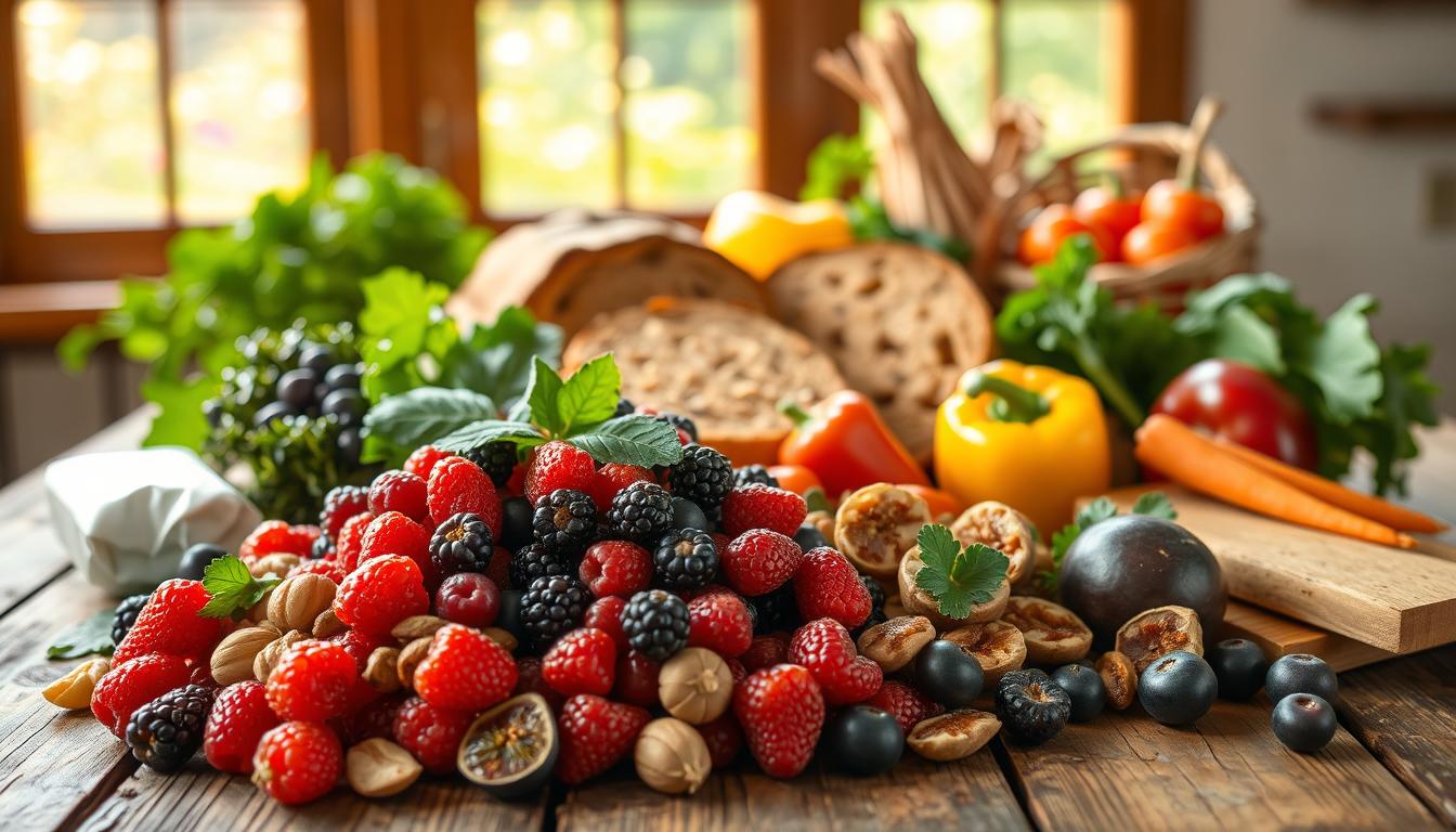 A vibrant still life showcasing an assortment of fiber-rich foods on a rustic wooden table. In the foreground, a cluster of juicy berries, crunchy nuts, and chewy dried figs. Behind them, a variety of whole-grain breads, leafy greens, and colorful vegetables like bell peppers and carrots. The lighting is warm and natural, creating a soft, inviting atmosphere. In the background, a window allows a glimpse of a lush, verdant garden, hinting at the nutritious sources of these wholesome ingredients. The composition is balanced and visually appealing, emphasizing the power of these fiber-rich foods to support visceral fat reduction.