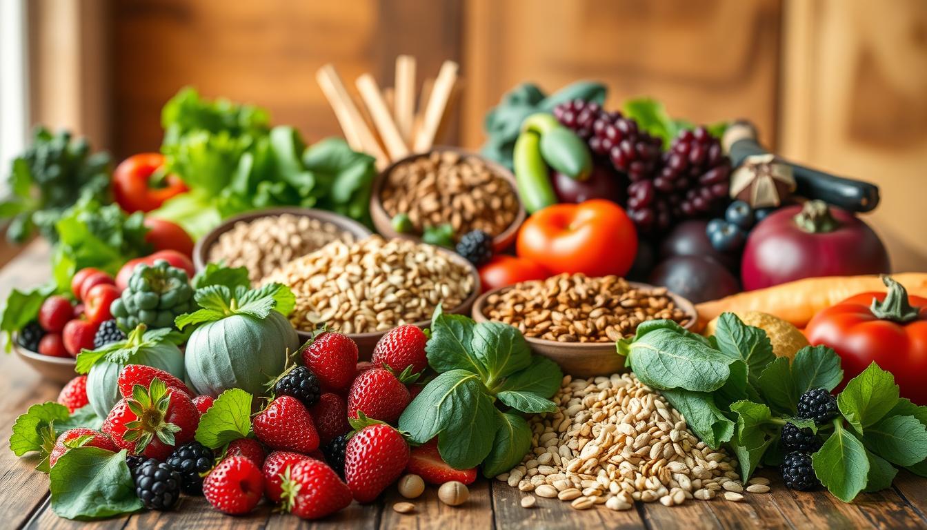A vibrant still life showcasing the Healthy Squire's selection of cancer-fighting superfoods. In the foreground, a variety of fresh produce - juicy berries, leafy greens, crisp vegetables - arranged artfully on a rustic wooden table. The middle ground features a selection of hearty grains, nuts, and seeds, representing the power of a nutrient-dense diet. In the background, a soft focus highlights the warm, natural lighting that bathes the scene, conveying a sense of nourishment and vitality. The overall composition emphasizes the bountiful, vibrant choices available to prevent cancer through mindful eating.