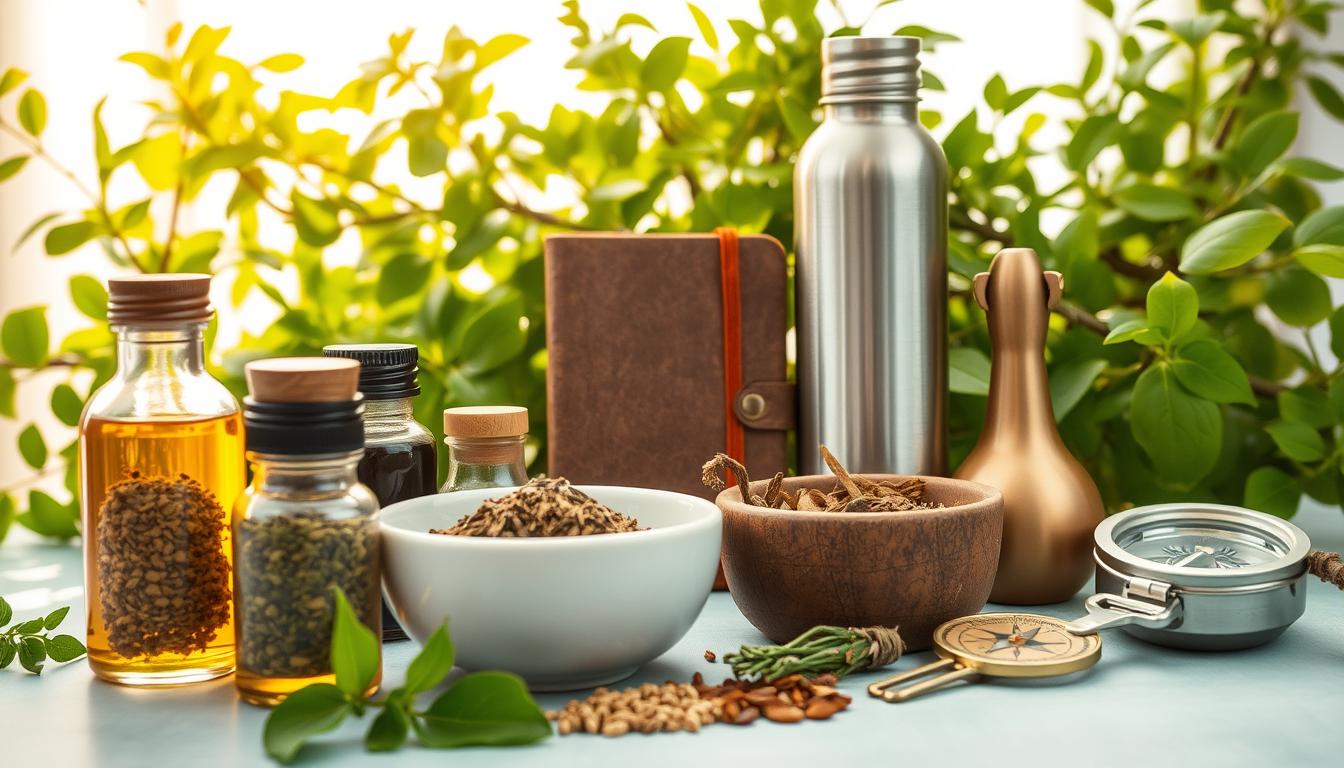 A vibrant still life showcasing the essential tools for pre-fasting preparation. In the foreground, an array of glass bottles filled with herbal tinctures, powdered supplements, and a ceramic bowl brimming with aromatic dried herbs. The middle ground features a sleek stainless steel water bottle, a leather-bound journal, and a brass compass, hinting at the journey ahead. The background is adorned with lush greenery, casting a warm, natural glow over the scene. Soft, diffused lighting illuminates the arrangement, creating a sense of calm and intention. The composition is balanced, with each element purposefully placed to convey the thoughtful and deliberate nature of this pre-fasting ritual.