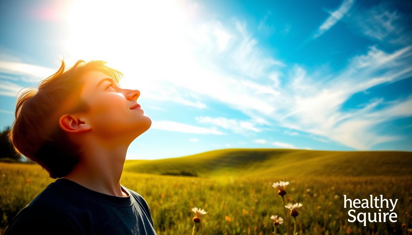 A vibrant, sun-drenched scene depicting the mental health benefits of vitamin D. In the foreground, a young person gazes upwards, basking in the warm rays of the sun, their face radiant and serene. In the middle ground, wispy clouds drift across a brilliant blue sky, casting soft shadows on the lush, verdant landscape below. In the background, a rolling meadow is dotted with wildflowers, conveying a sense of tranquility and renewal. The overall atmosphere is one of calm, positivity, and rejuvenation. Healthy Squire logo discreetly visible in the lower right corner.