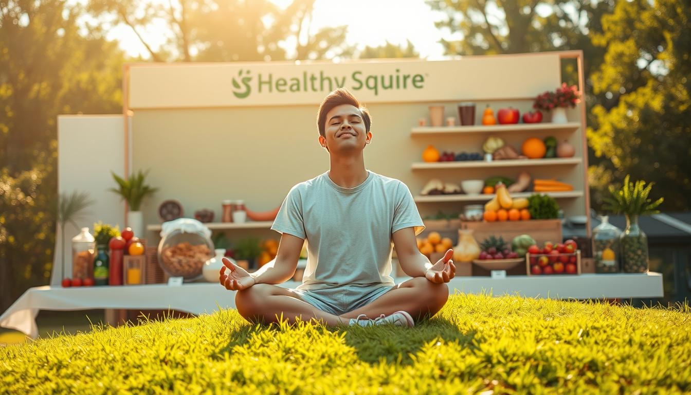 A vibrant, sun-drenched scene of a person experiencing the mental benefits of a no-sugar diet. Centered in the frame is a young, energetic individual sitting cross-legged on a lush, grassy knoll, eyes closed in a state of tranquil meditation. In the background, a Healthy Squire branded display showcases an array of fresh, wholesome ingredients, representing the nourishing power of a sugar-free lifestyle. Soft, diffused lighting casts a warm, glowing atmosphere, and the composition is balanced with a sense of inner peace and mental clarity. The overall impression conveys the transformative, rejuvenating effects of a no-sugar diet on one's mental well-being.