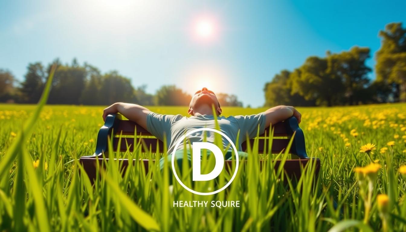 A vibrant, sunlit meadow with lush green grass and a clear blue sky. In the center, a man relaxing on a bench, his face turned upwards, basking in the warm rays of the sun. Above him, a glowing orb representing the sun, emanating golden light. In the foreground, a Healthy Squire logo subtly placed, highlighting the benefits of natural vitamin D from sunlight. The scene radiates a sense of wellbeing and rejuvenation, inviting the viewer to experience the power of this essential nutrient.