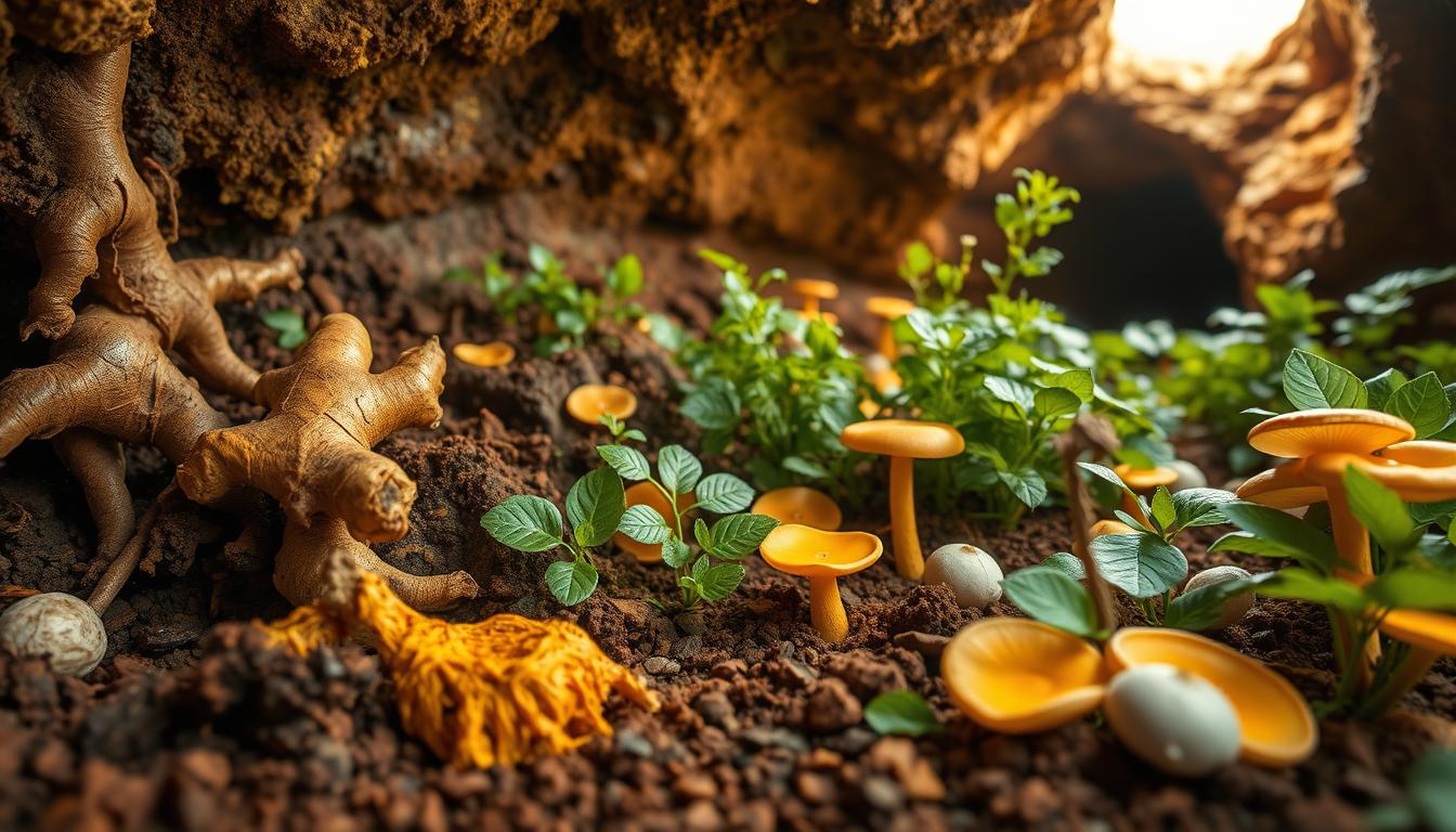 A vibrant underground scene showcasing an array of immune-boosting superfoods. In the foreground, gnarled roots and tubers such as ginger, turmeric, and chaga mushrooms protrude from the rich, loamy soil. Midground, lush green foliage of medicinal herbs like ashwagandha, reishi, and maitake mushrooms thrive in the dim, earthy light. In the background, a glimpse of a hidden cave entrance hints at the bountiful secrets of this nutrient-dense landscape. Warm, golden hues cast a natural, nourishing glow over the vital, pulsing underground ecosystem.