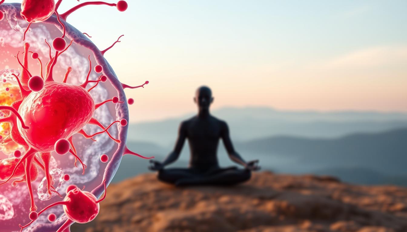 A vibrant visual representation of the cellular process of autophagy activation during fasting. In the foreground, a detailed microscopic view of an organelle undergoing self-digestion, with intricate cellular structures and mitochondria clearly visible. In the middle ground, a stylized human figure in a meditative pose, signifying the holistic benefits of fasting. The background features a serene, minimalist landscape with soft, diffused lighting, conveying a sense of tranquility and rejuvenation. The image should evoke a feeling of scientific wonder and the profound impact of fasting on cellular health and longevity.