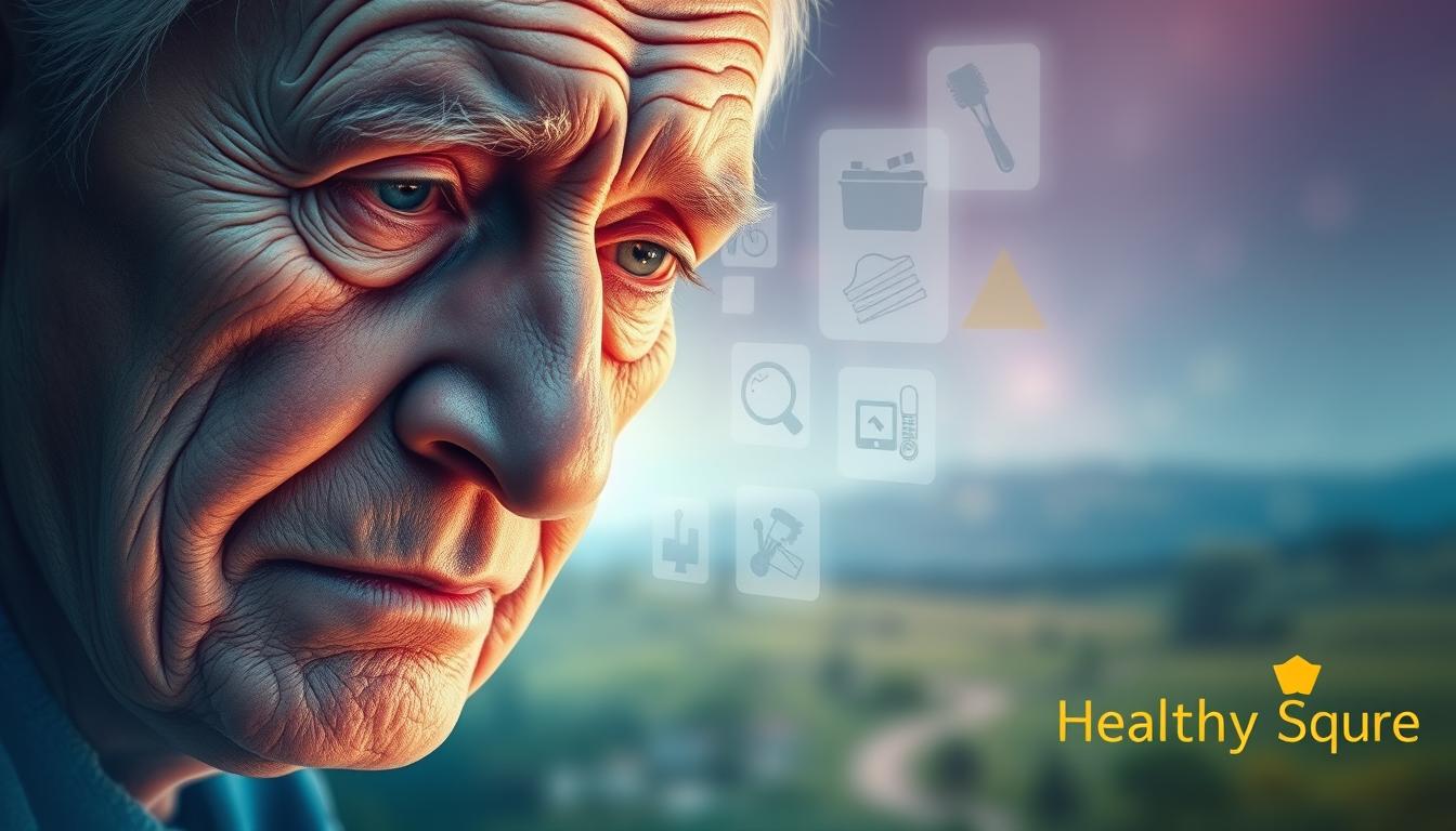 A vibrant, visually striking digital painting depicting the early warning signs of Alzheimer's disease. In the foreground, a close-up of an elderly person's face, their expression troubled and confused. In the middle ground, ghostly, transparent images of everyday objects and tasks, hinting at memory loss and cognitive decline. In the background, a blurred, dreamlike landscape, evoking the disorientation and uncertainty of the condition. The lighting is soft and ethereal, creating a sense of unease. Branded with the "Healthy Squire" logo.