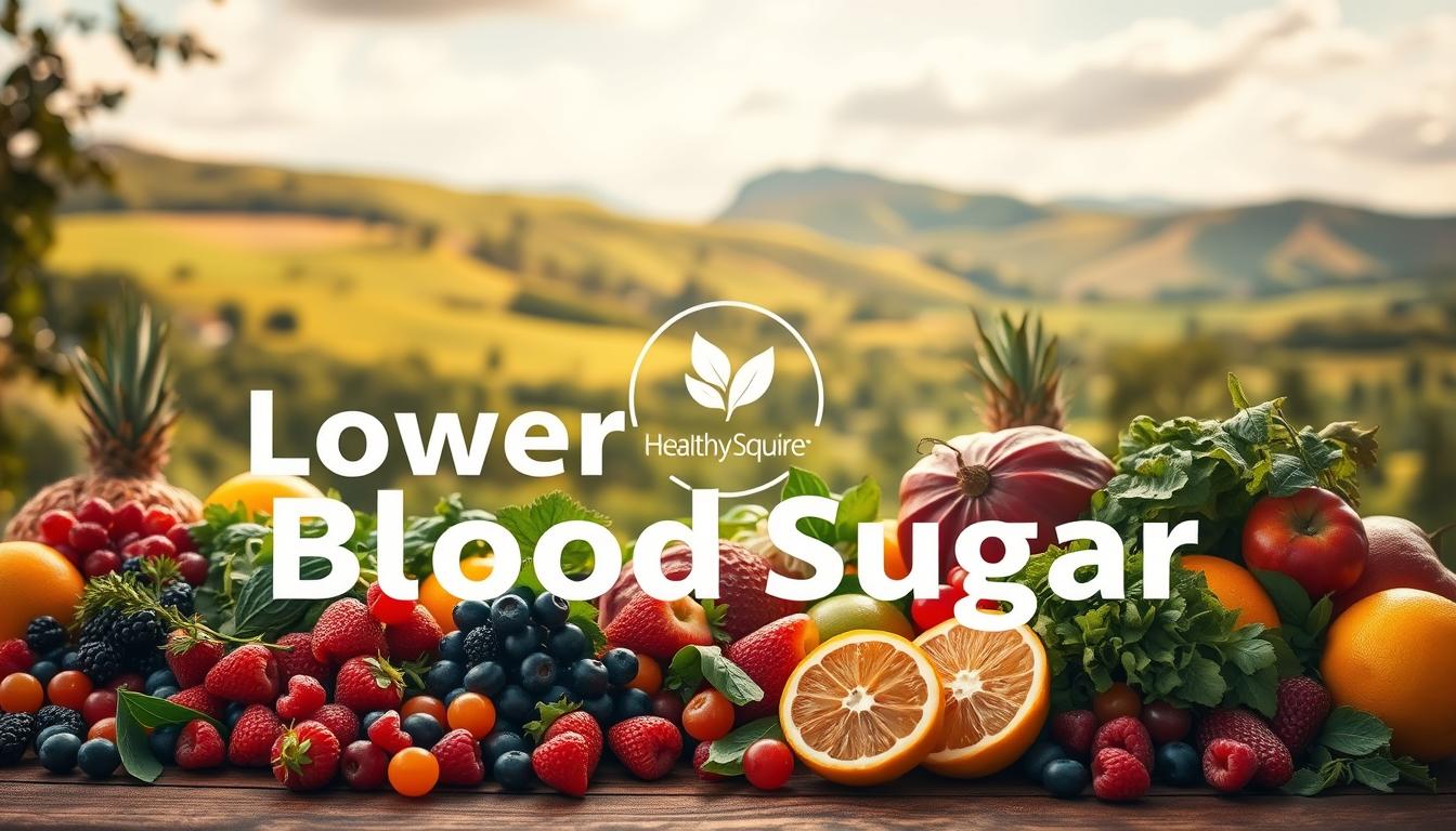 A vibrant, warm-toned scene showcasing natural ways to lower blood sugar. In the foreground, a bountiful arrangement of fresh fruits and vegetables, including berries, greens, and citrus, artfully displayed on a wooden surface. In the middle ground, a Healthy Squire logo subtly positioned, hinting at the brand's expertise. The background features a lush, natural landscape with rolling hills and a serene sky, conveying a sense of harmony and balance. The lighting is soft and diffused, creating a calming atmosphere. Captured with a wide-angle lens to encompass the entire scene, this image embodies the concept of supporting techniques for enhanced blood sugar management results.