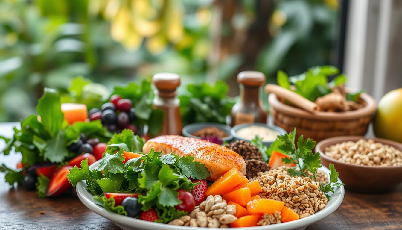 A vibrant, well-balanced meal showcasing dietary modifications for migraine management. In the foreground, a plate features a variety of colorful, migraine-friendly foods - leafy greens, fresh fruits, omega-rich fish, and whole grains. The middle ground depicts an array of herbs and spices, known for their anti-inflammatory properties. In the background, a soothing, natural setting with lush greenery and calming lighting, reflecting the importance of a peaceful environment in managing migraines. The overall composition conveys a sense of balance, wellness, and the potential for dietary changes to make a meaningful difference in migraine treatment.