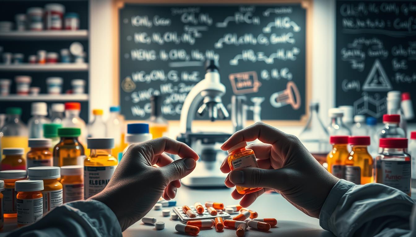 A vibrant, well-lit laboratory scene showcasing various prescription medication bottles and pills, with a microscope, beakers, and other scientific equipment in the middle ground. In the foreground, two hands carefully examining a medication bottle, highlighting the importance of understanding drug interactions. In the background, a chalkboard displays chemical formulas and warning symbols, conveying the complexity and potential dangers of improper medication usage. The lighting creates a sense of scientific inquiry and the need for caution when dealing with prescription drugs.