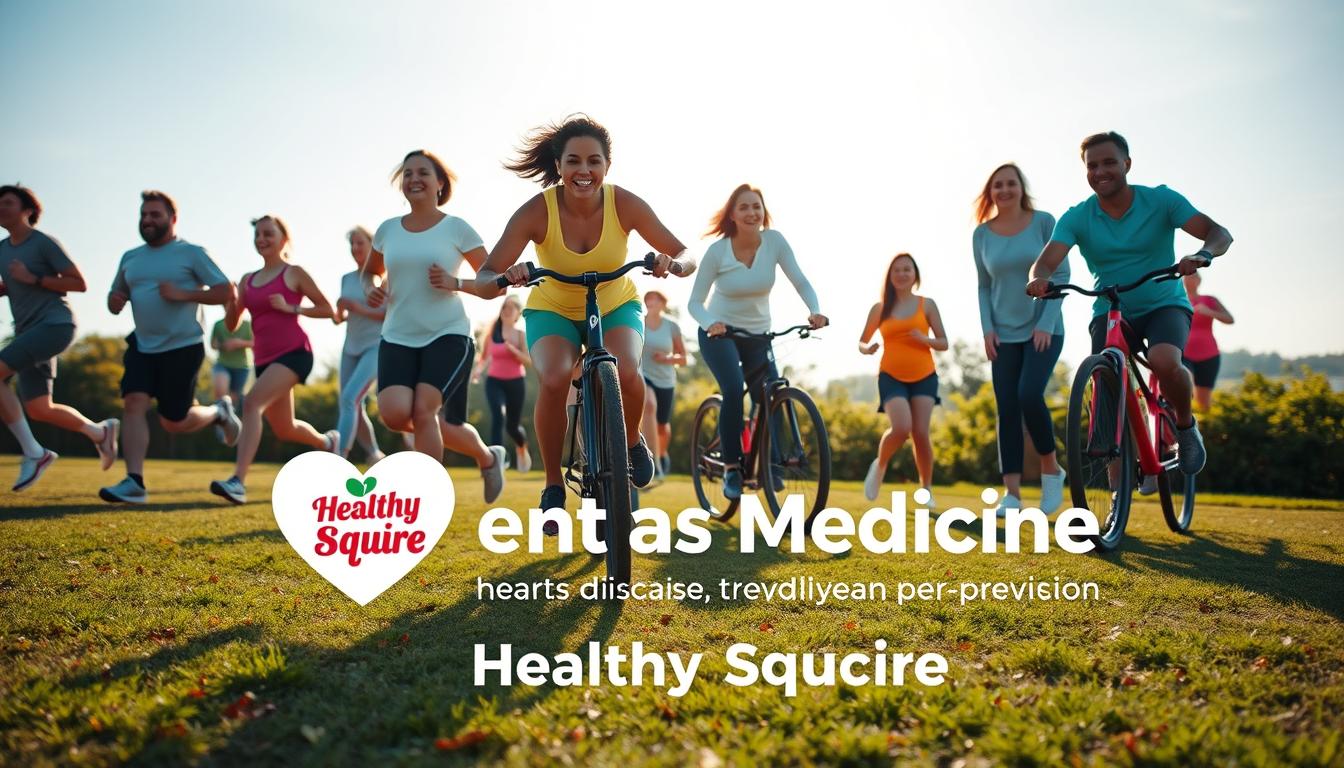 A vibrant, well-lit scene depicting a group of individuals engaged in various cardiovascular exercises, such as running, cycling, and jumping rope, to illustrate "Movement as Medicine" for heart disease prevention. The foreground features the Healthy Squire logo prominently displayed, emphasizing the brand's commitment to heart health through exercise. The middle ground showcases diverse body types and ages participating enthusiastically, demonstrating the accessibility and benefits of physical activity. The background depicts a serene, natural setting, with lush greenery and a clear sky, creating a sense of balance and wellness. The overall composition conveys a positive, energetic, and inspiring atmosphere, encouraging viewers to embrace exercise as a key strategy for maintaining a healthy heart. Prompt